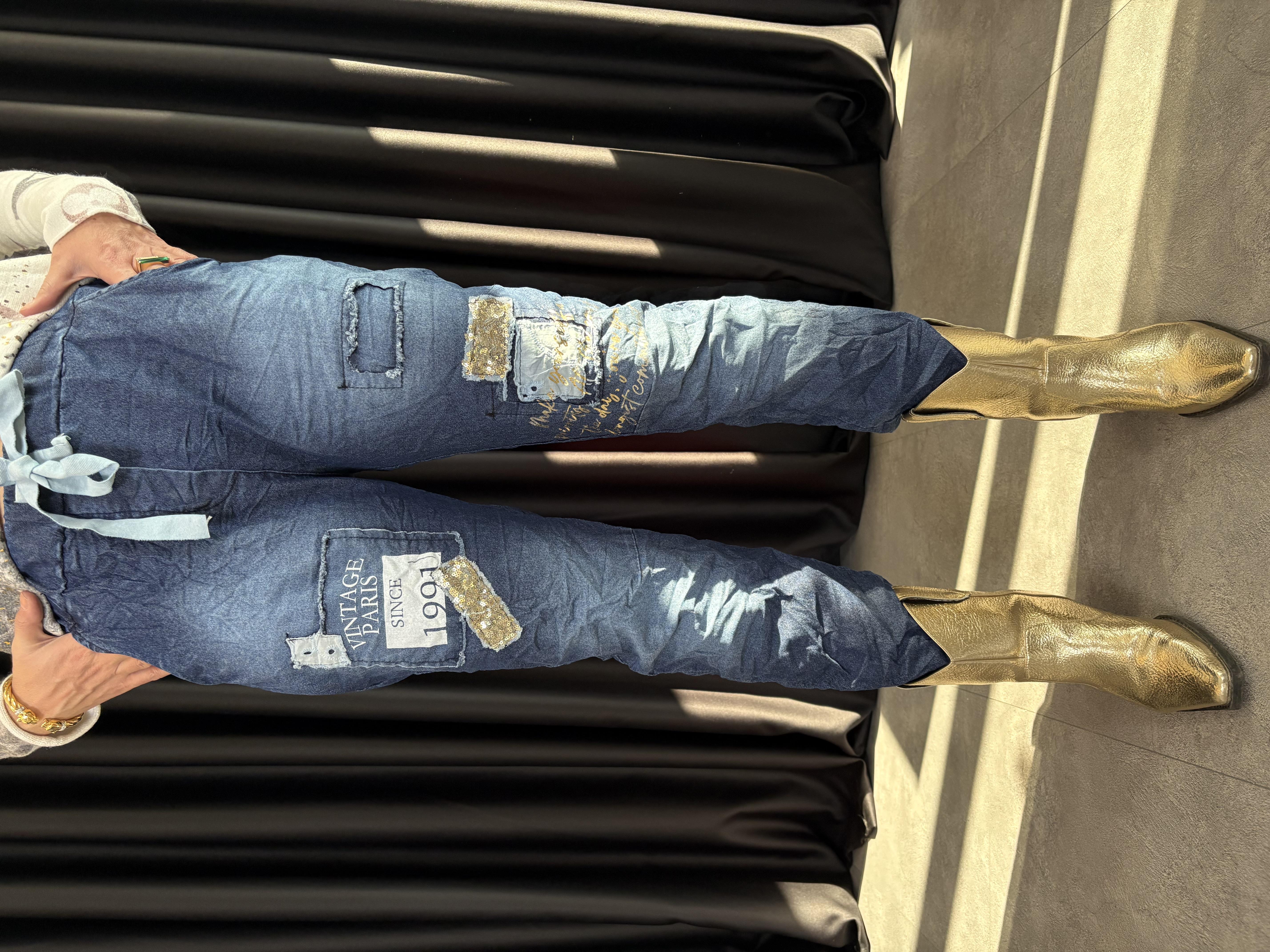 İtalyan Payet Detaylı Likralı Vintage Koyu Mavi Jean