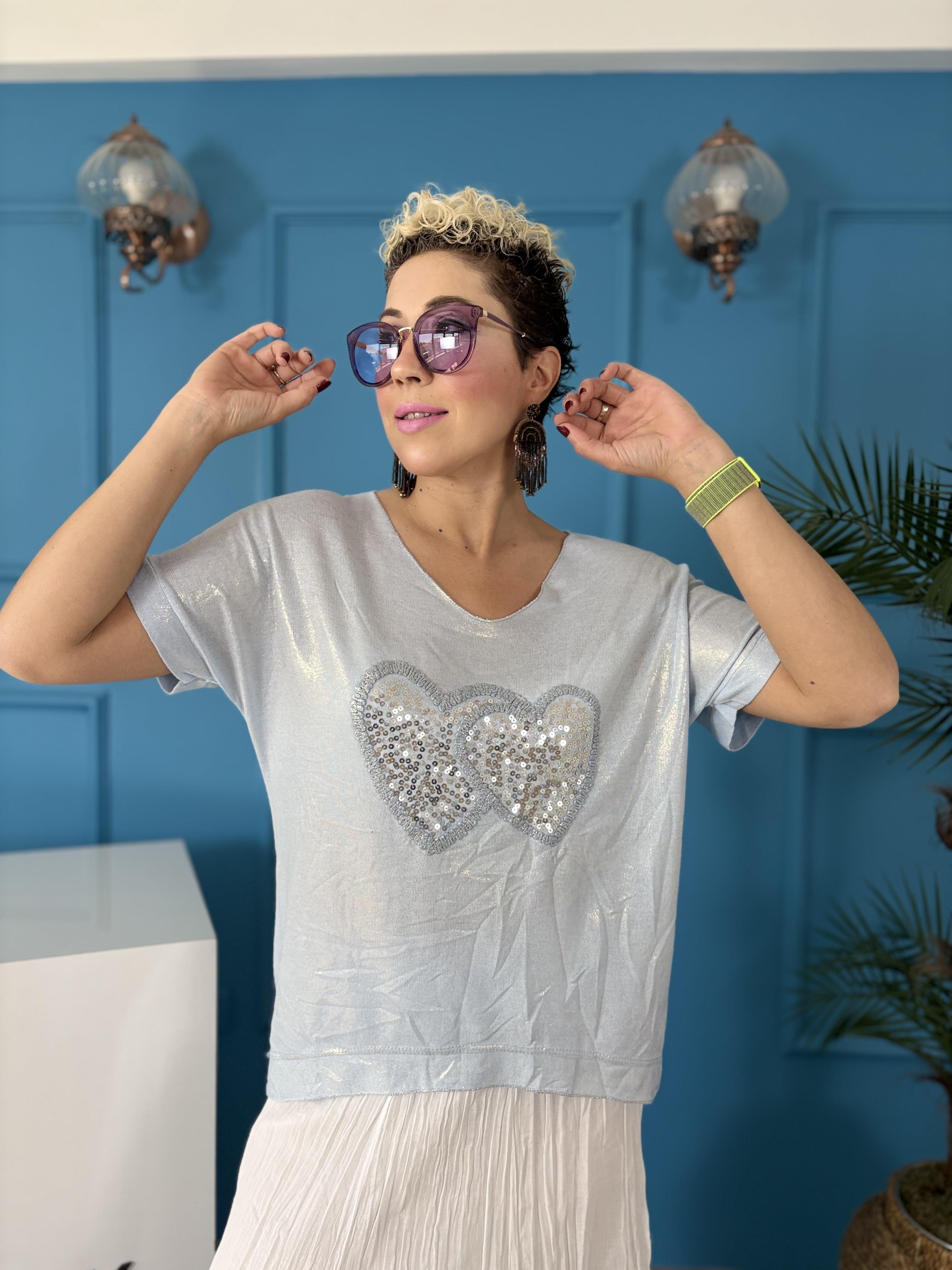 İtalyan Payet Kalpli Varaklı Açık Mavi Bluz