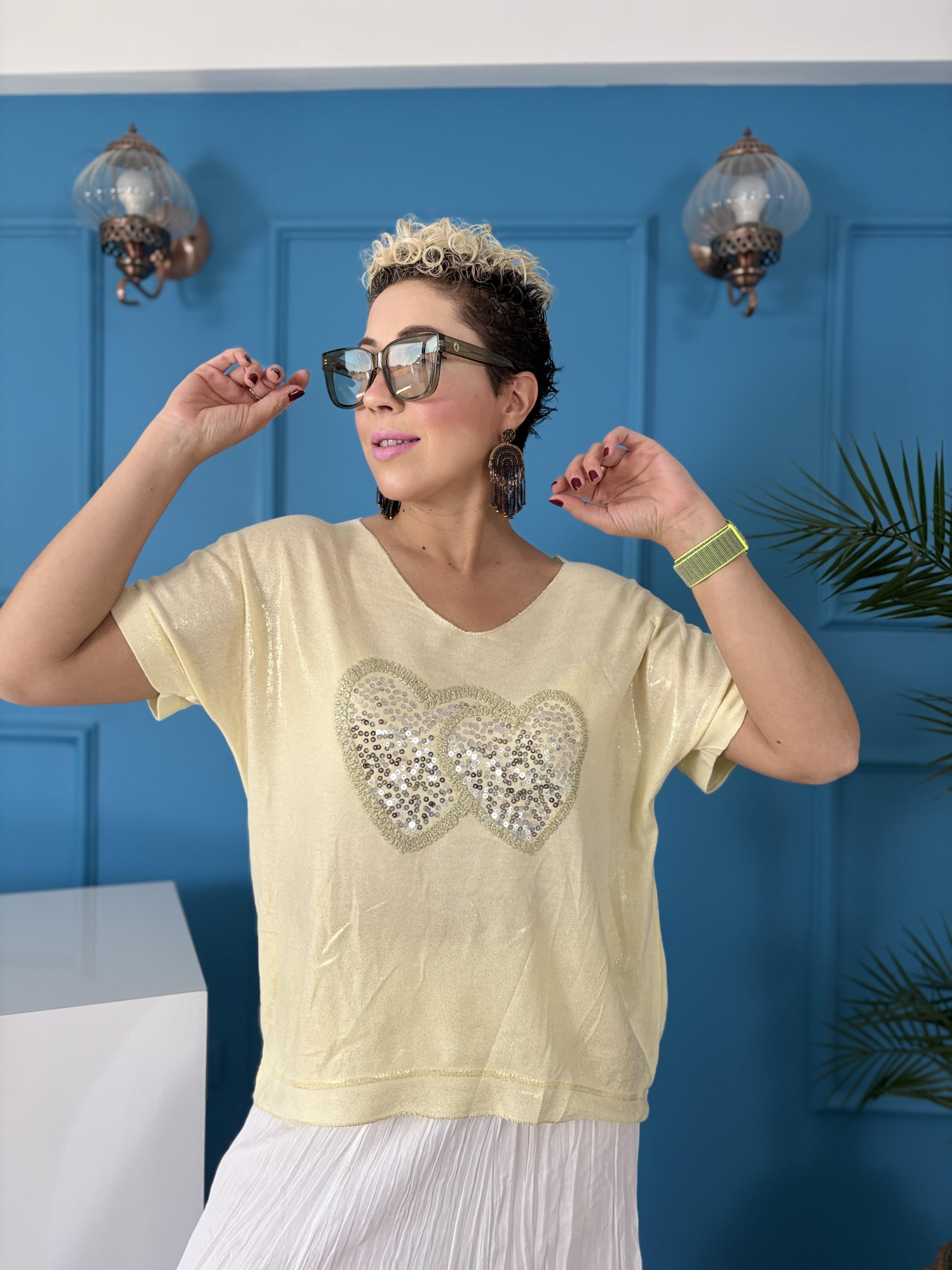 İtalyan Payet Kalpli Varaklı Sarı Bluz