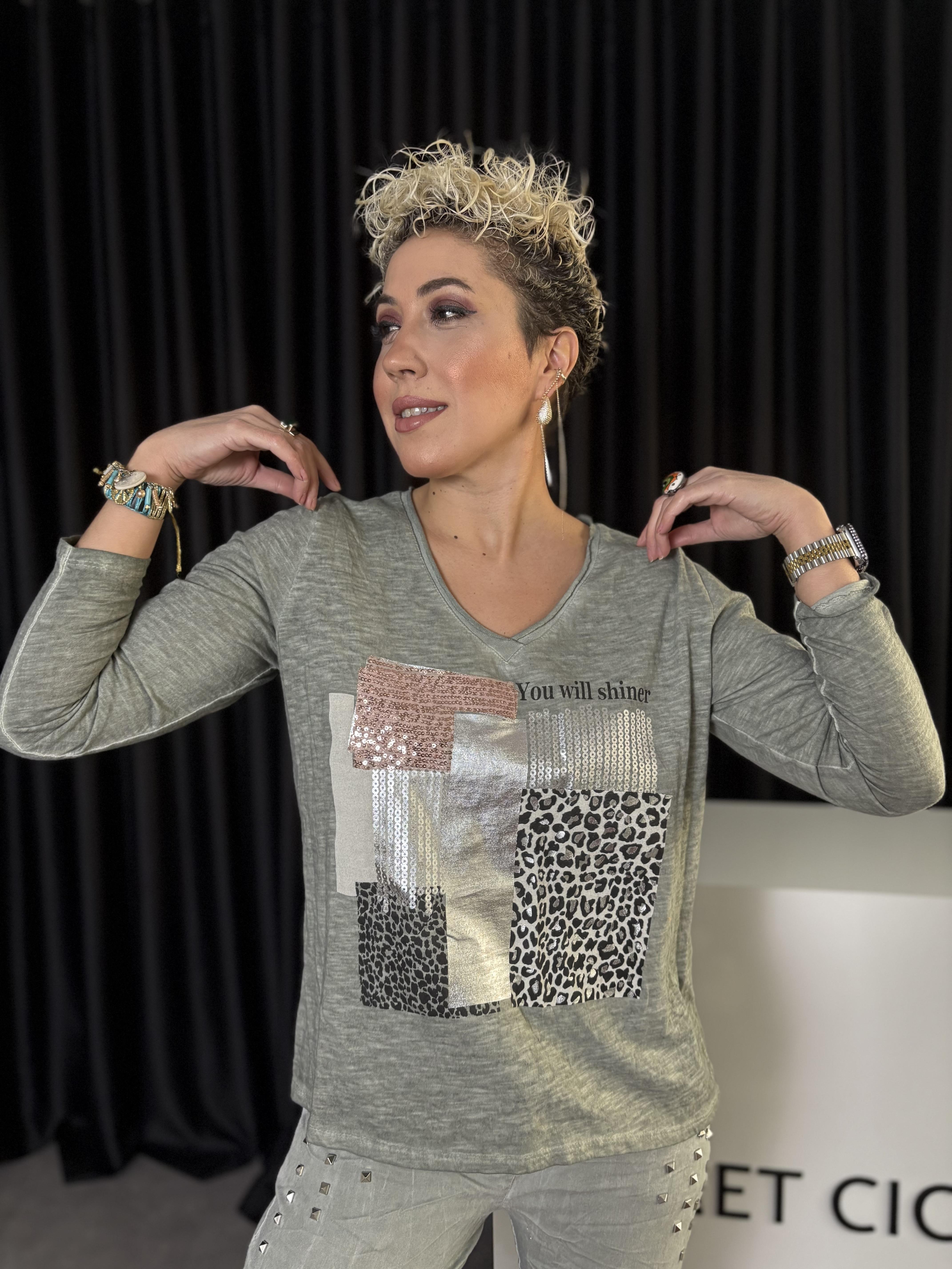 İtalyan Payet ve Leopar Detaylı Haki Sweet