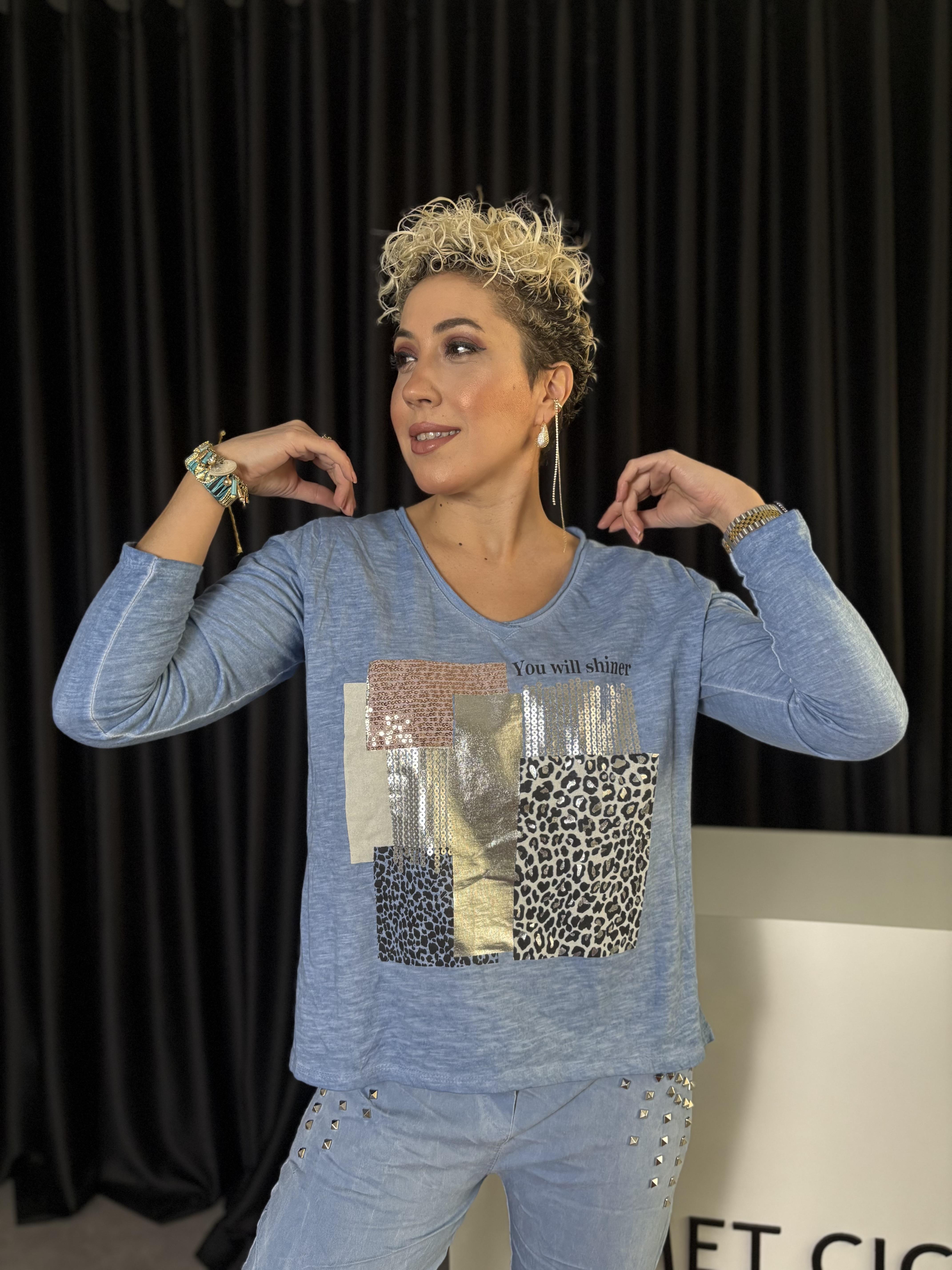 İtalyan Payet ve Leopar Detaylı Mavi Sweet