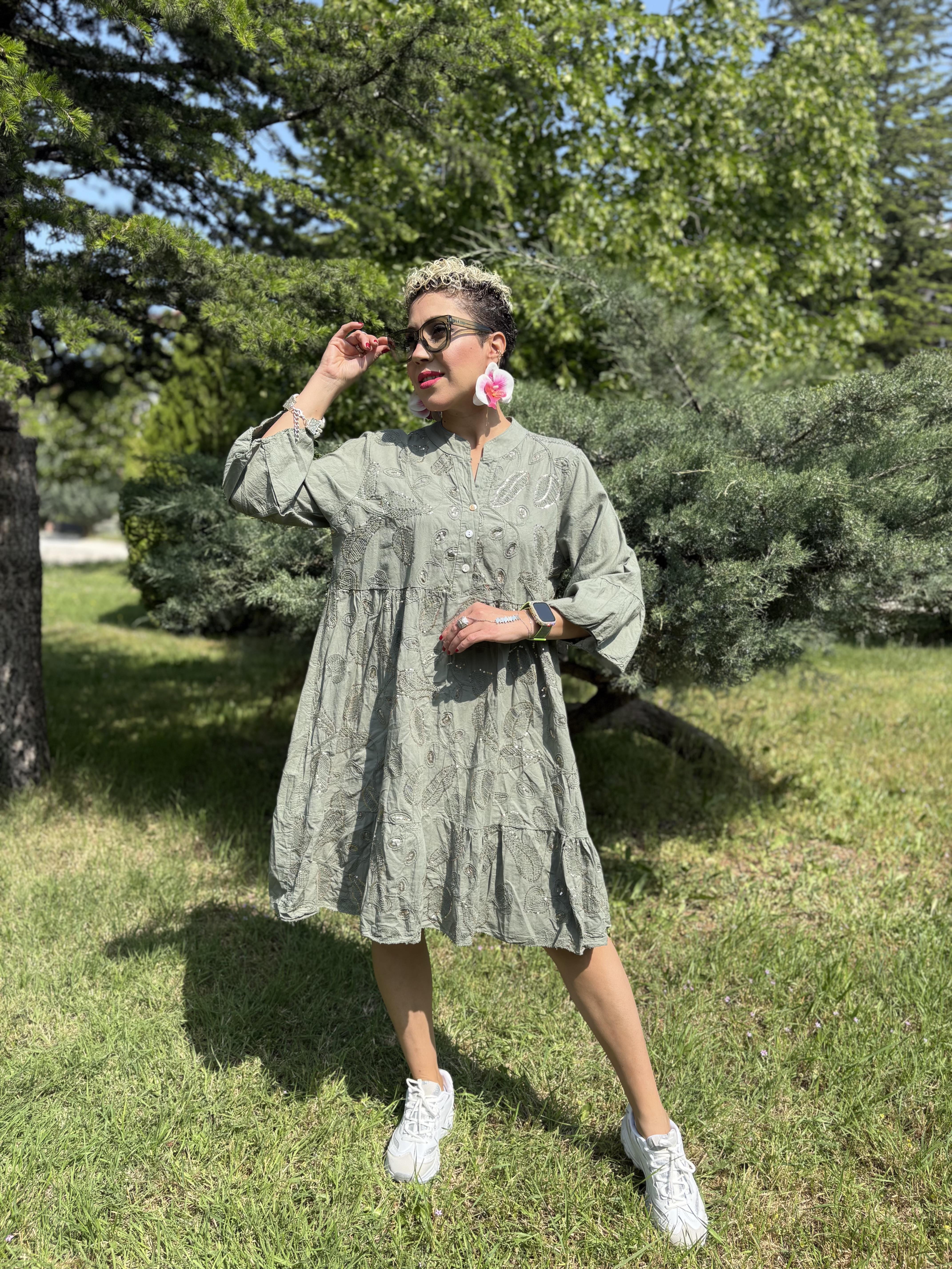 İtalyan Payetli Haki Pamuklu Elbise