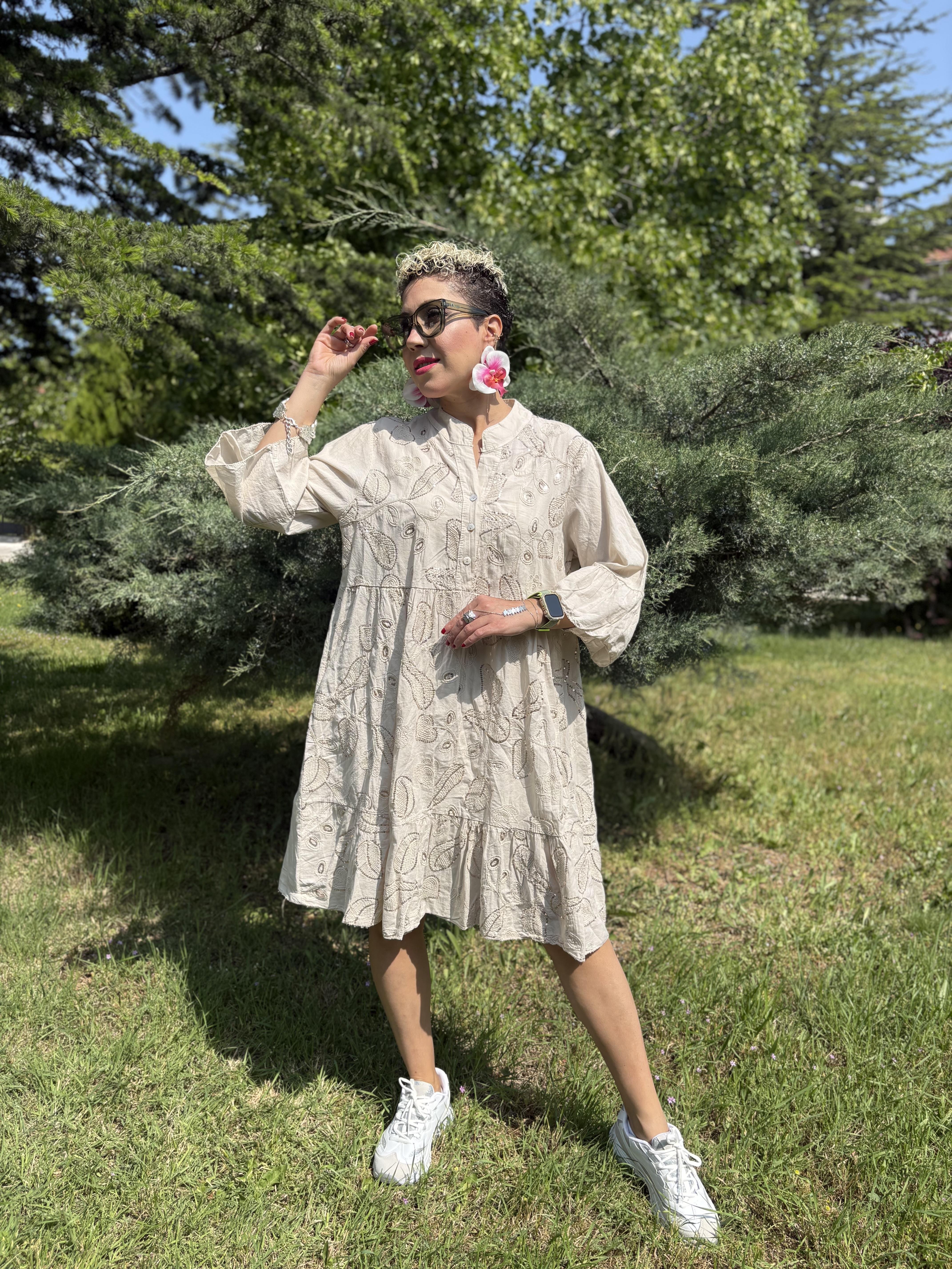 İtalyan Payetli Krem Pamuklu Elbise