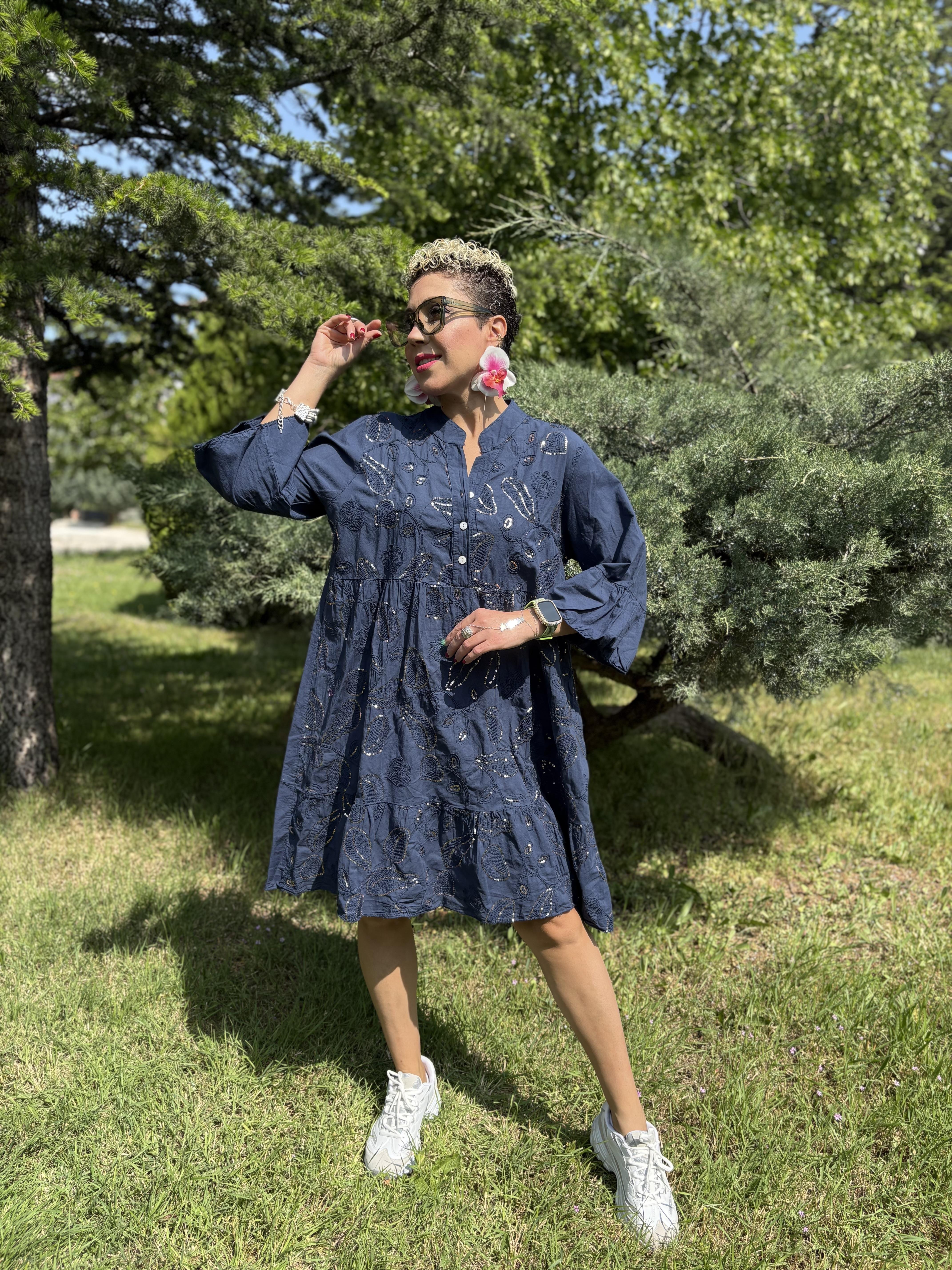 İtalyan Payetli Lacivert Pamuklu Elbise