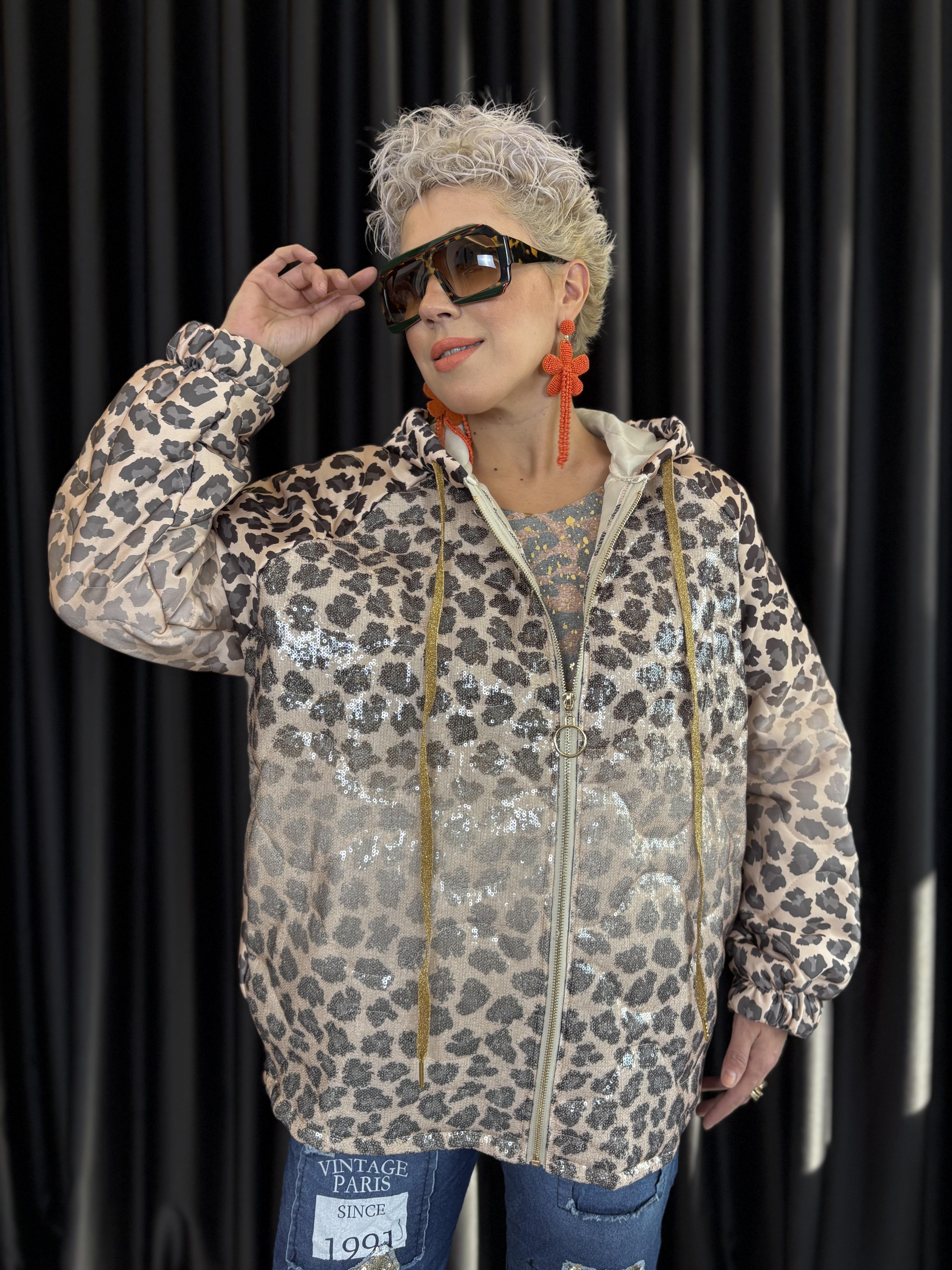 İtalyan Payetli Leopar Kapitone Ceket