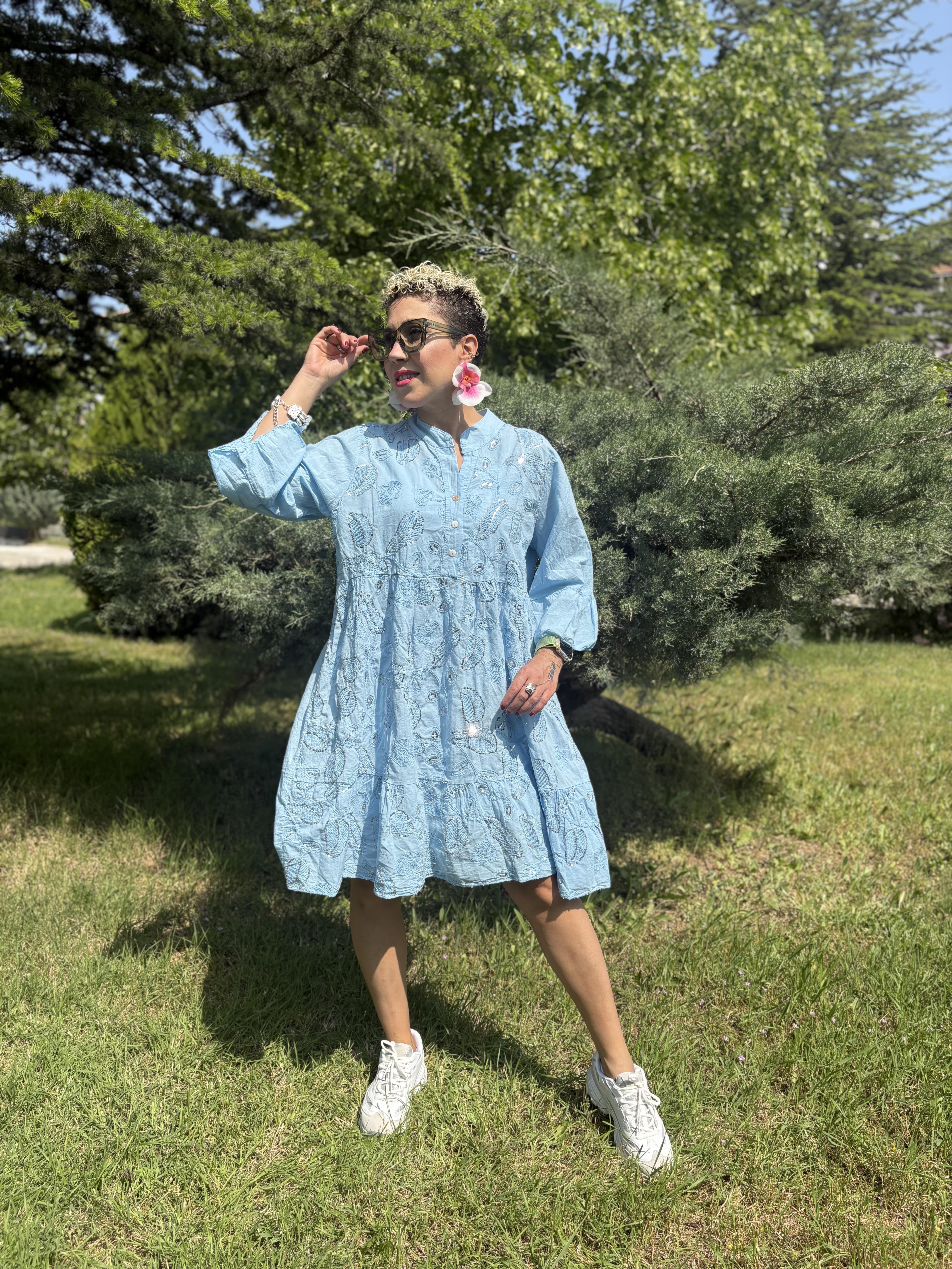 İtalyan Payetli Mavi Pamuklu Elbise