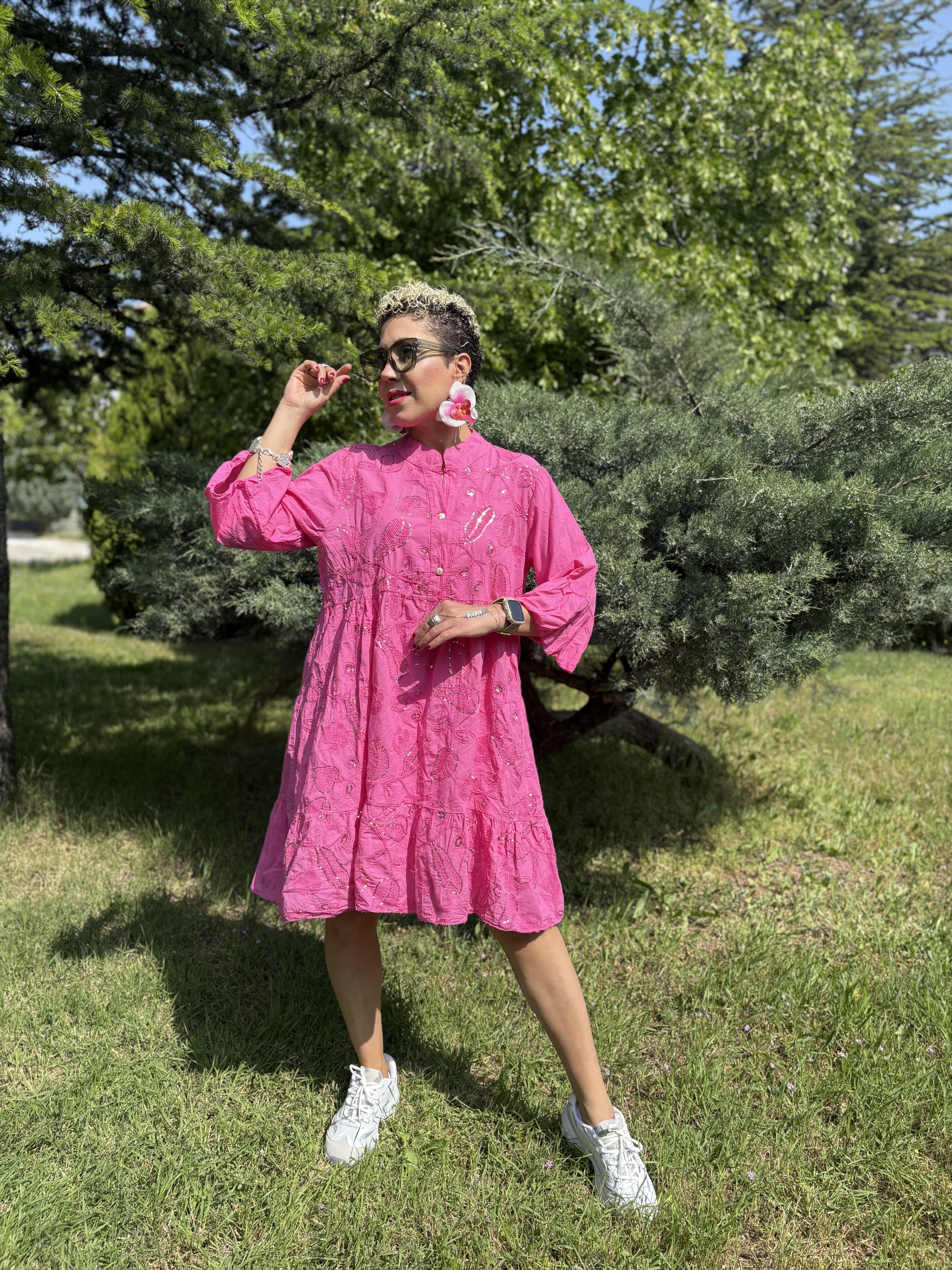 İtalyan Payetli Pembe Pamuklu Elbise