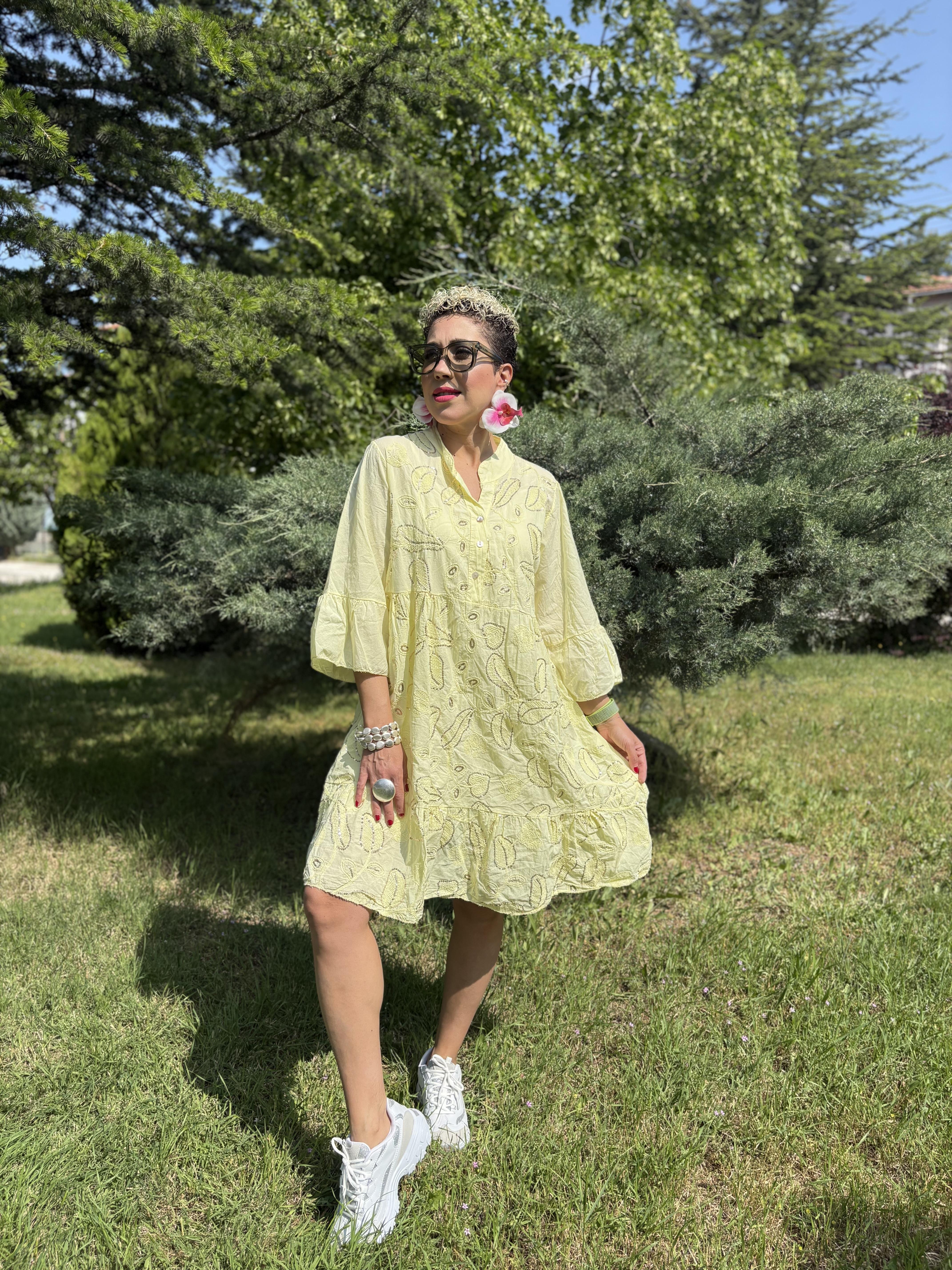 İtalyan Payetli Sarı Pamuklu Elbise