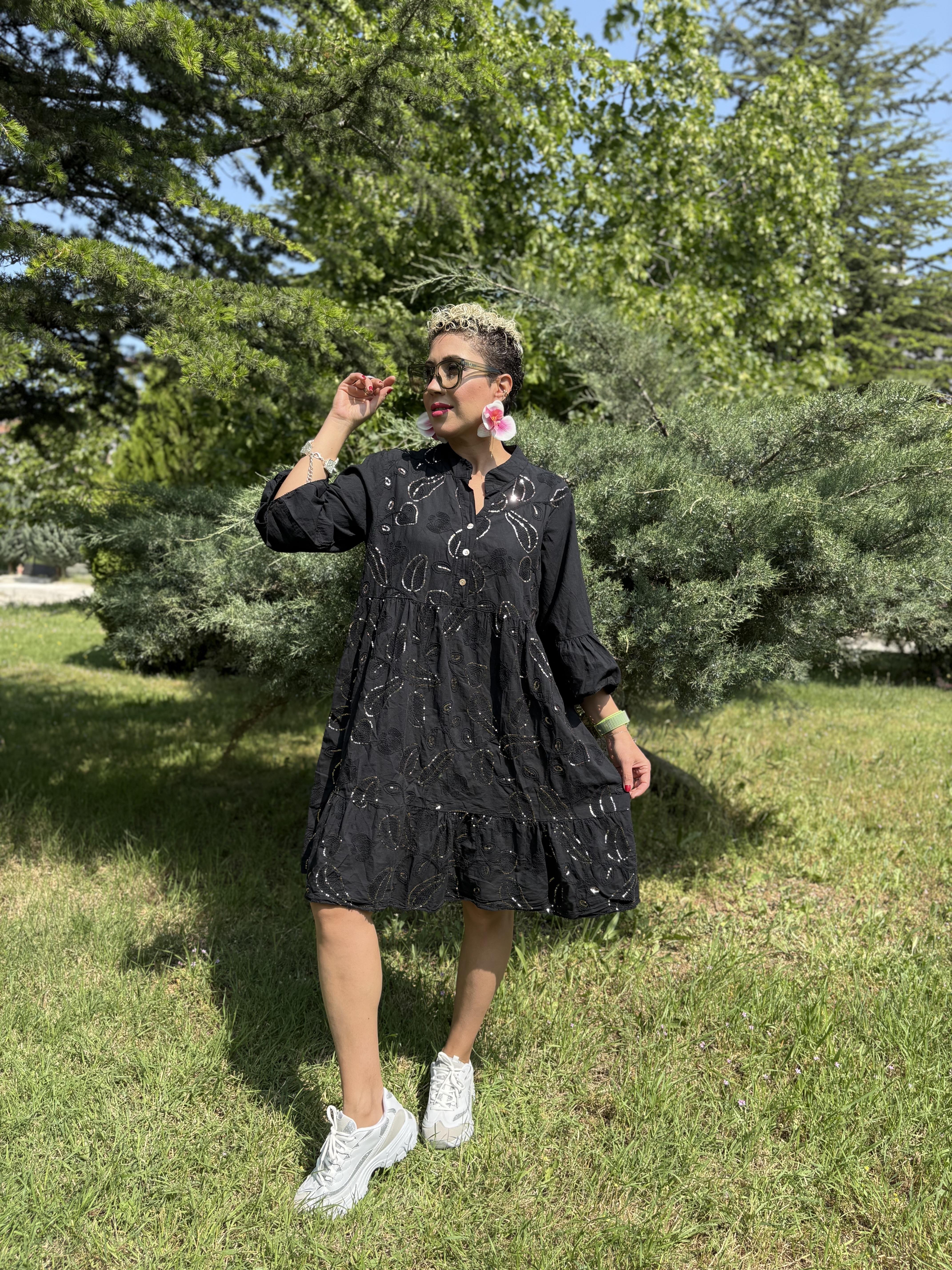 İtalyan Payetli Siyah Pamuklu Elbise