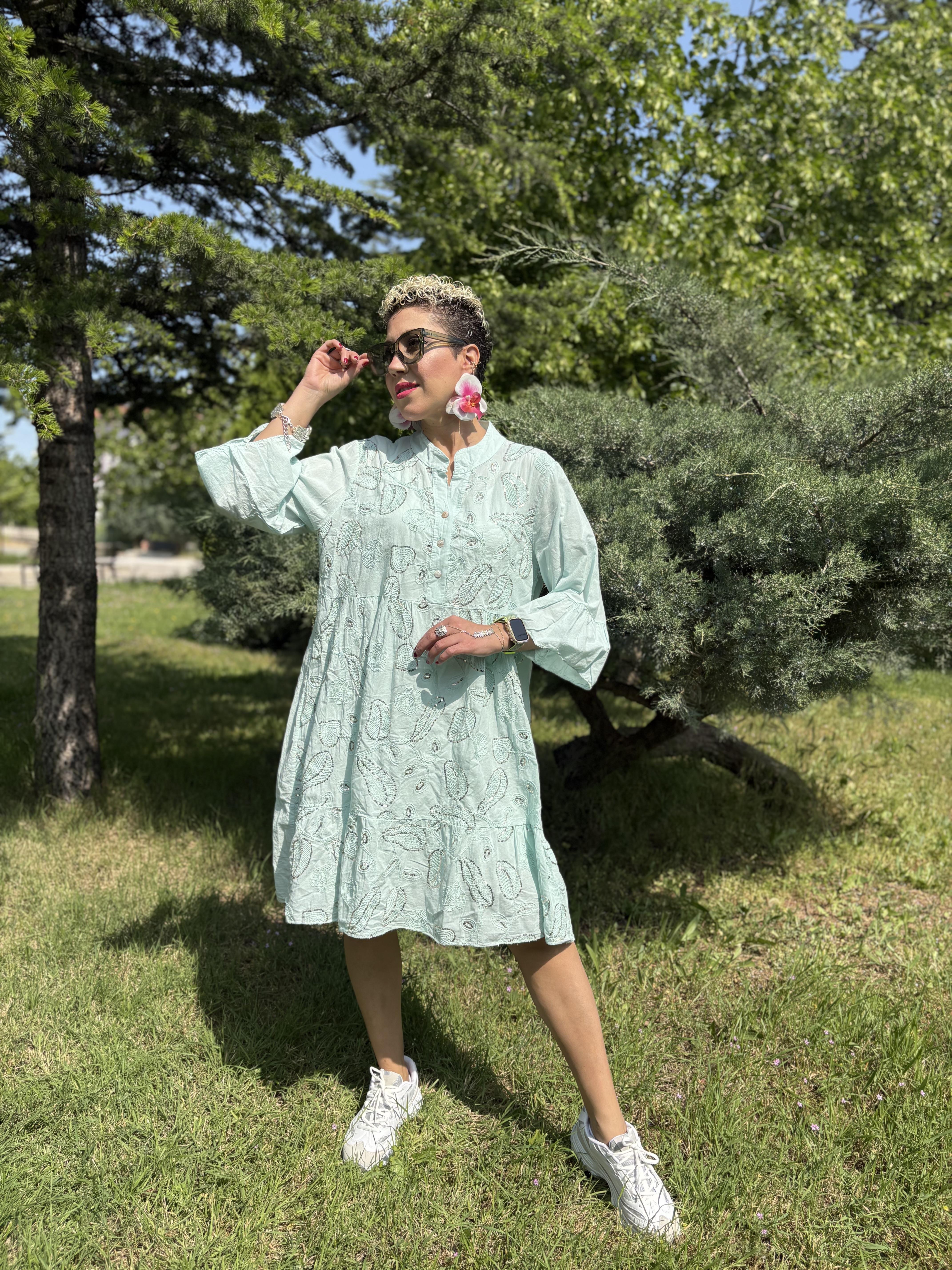 İtalyan Payetli Su Yeşili Pamuklu Elbise