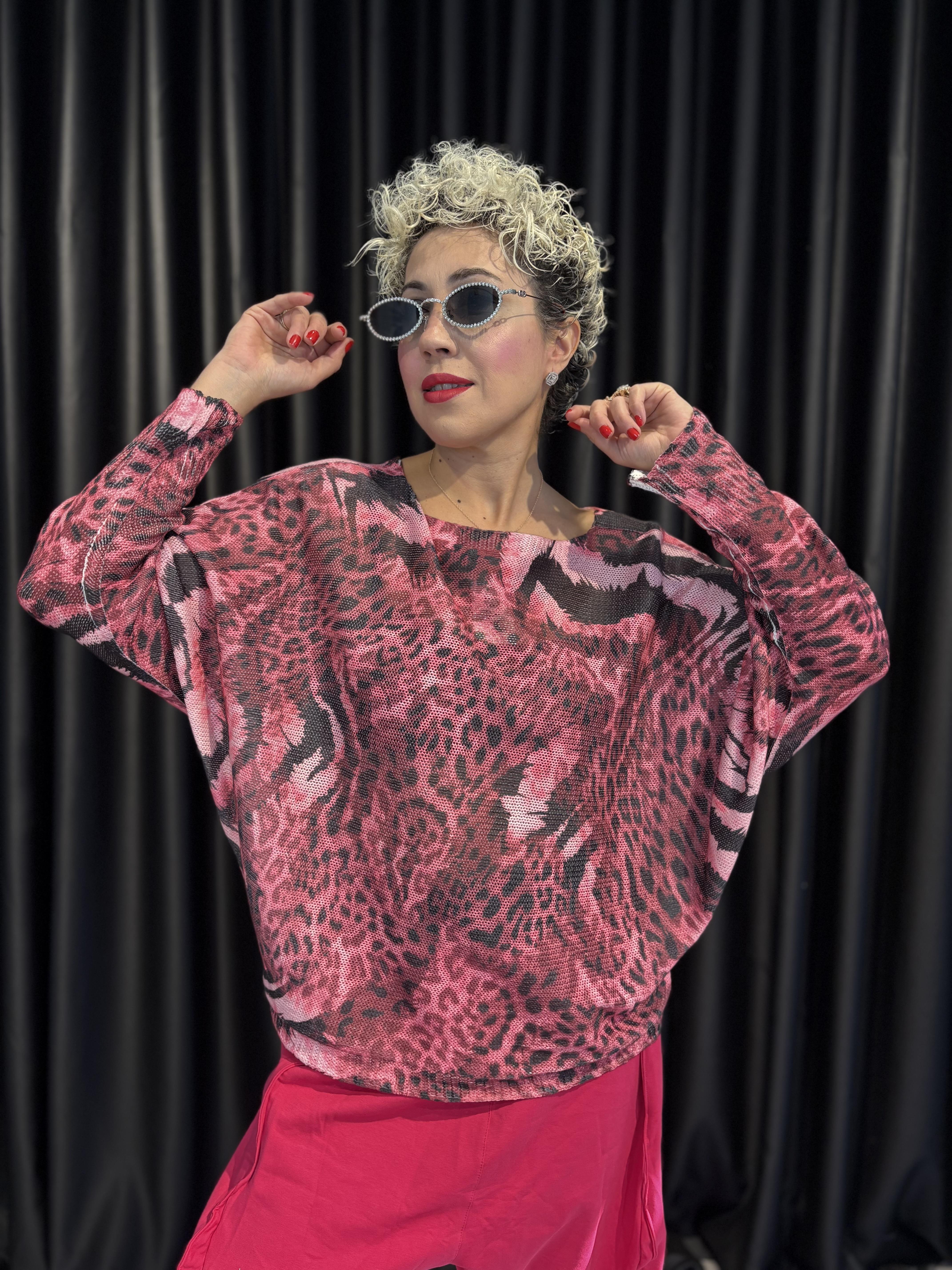 İtalyan Pembe Leopar Desen Bluz