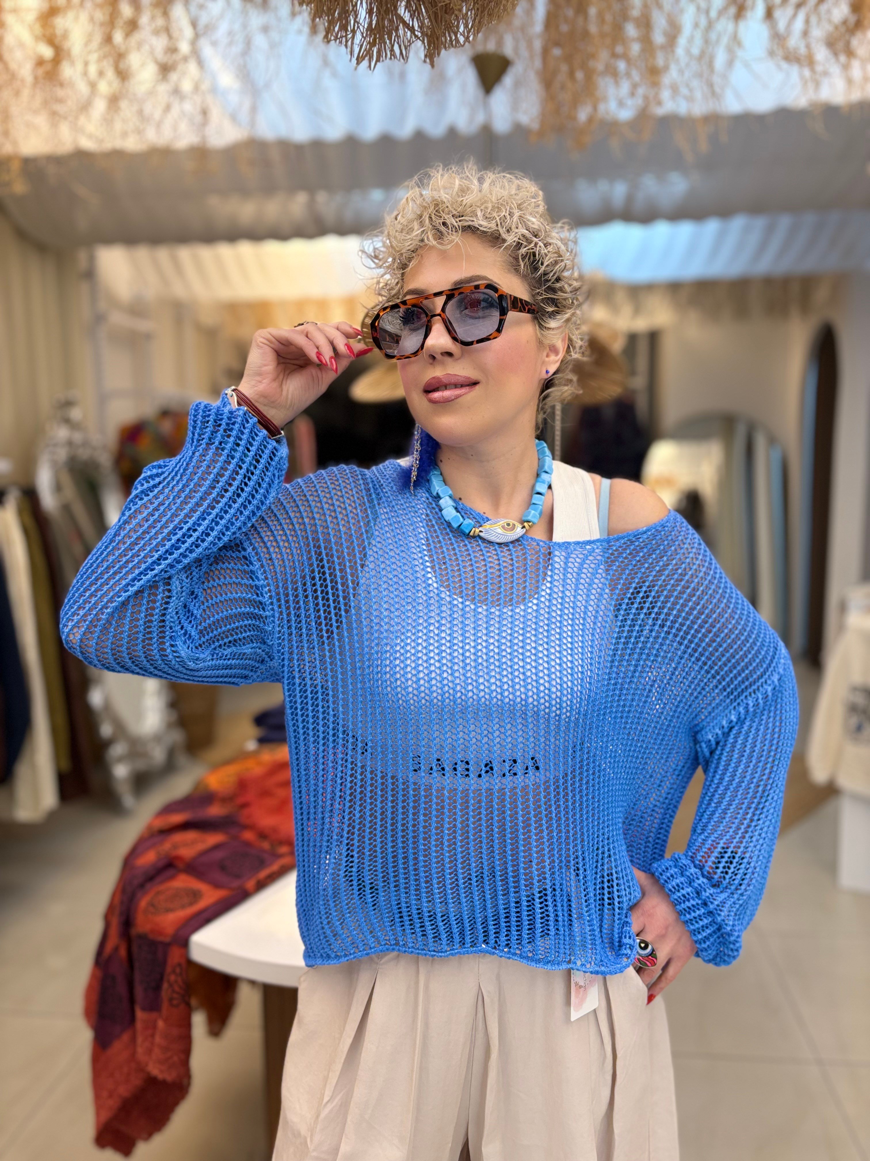 İtalyan Sax Mavi File Bluz