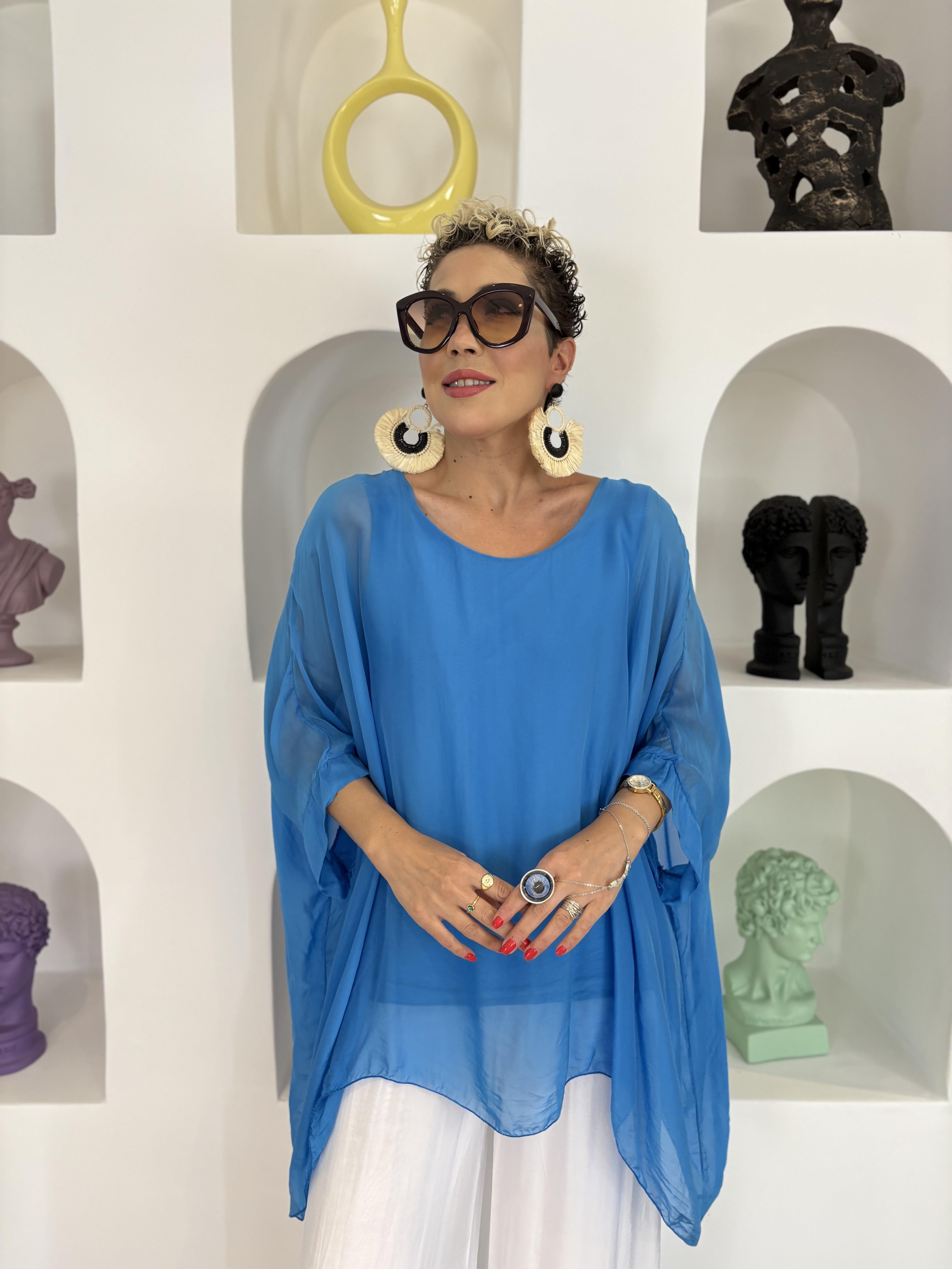 İtalyan Sax Mavi İpek Bluz