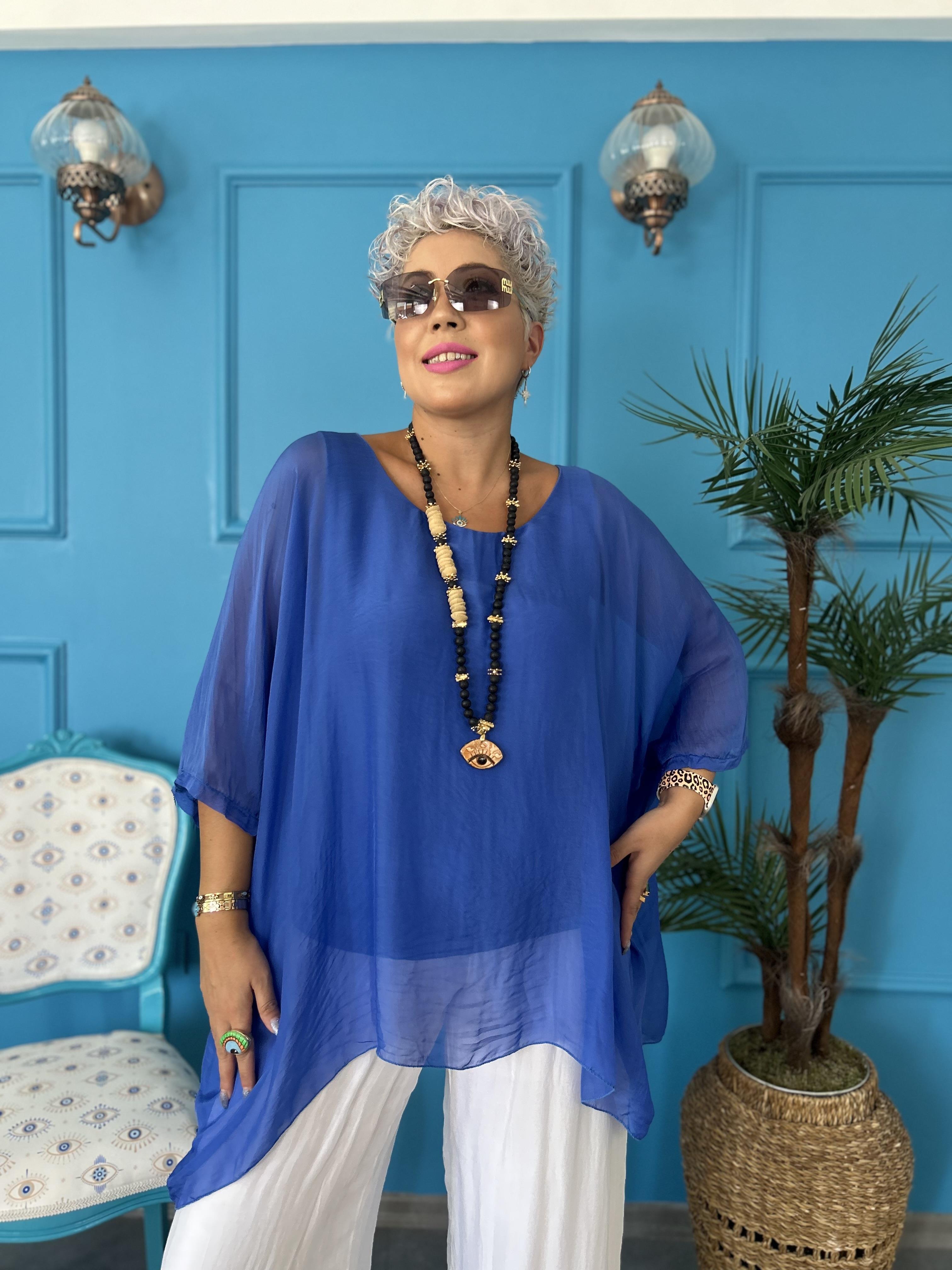 İtalyan Sax Mavi İpek Bluz