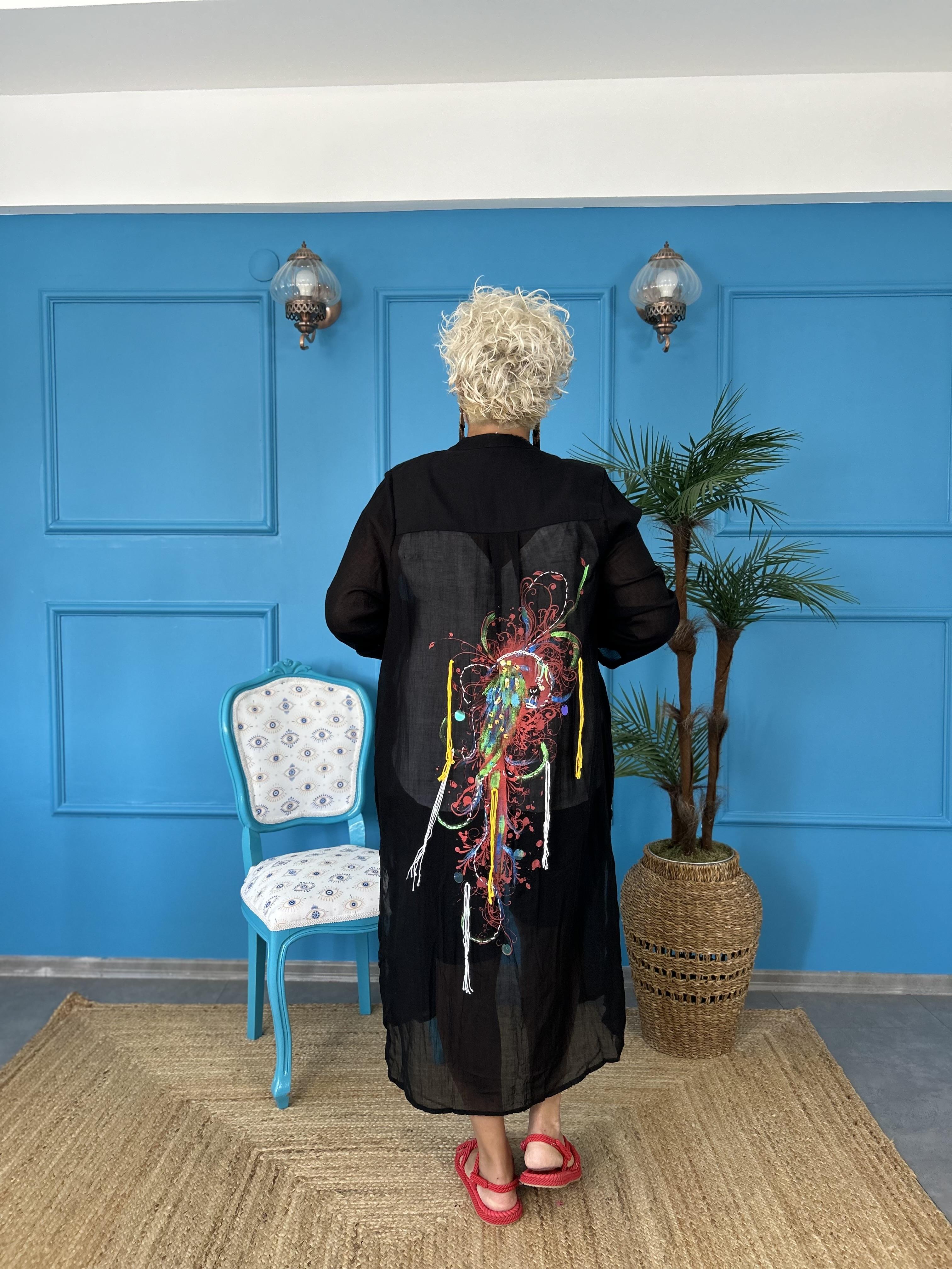 İtalyan Tasarım Pamuk Keten Siyah Kimono