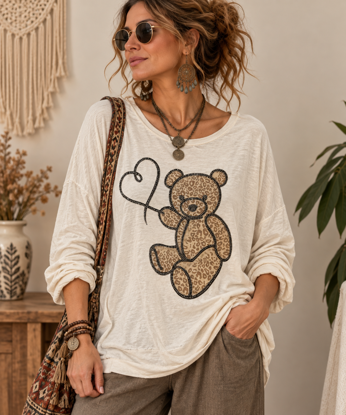 İtalyan Taşlı Teddy Krem Bluz