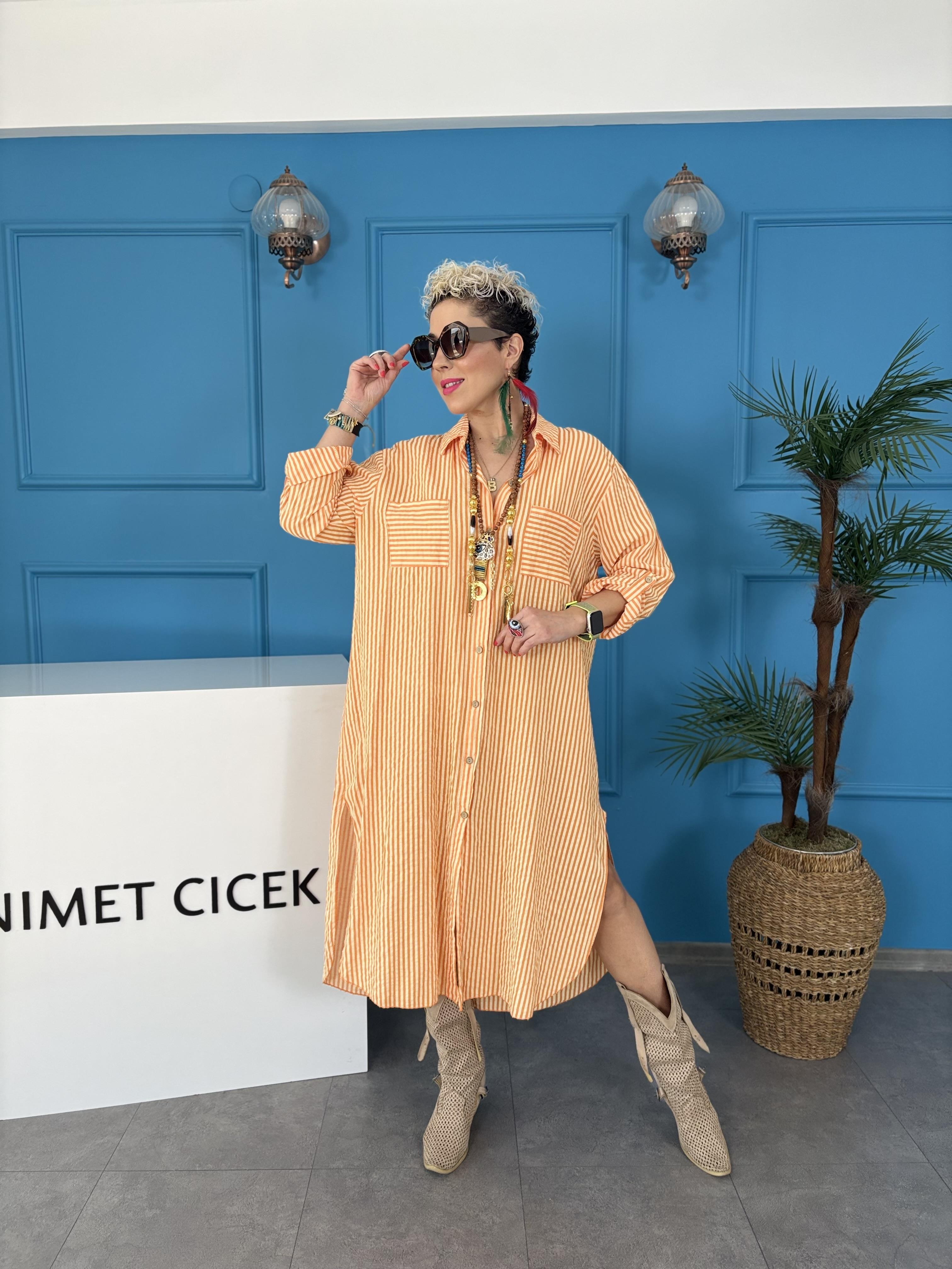 İtalyan Turuncu Çizgili Gömlek Elbise