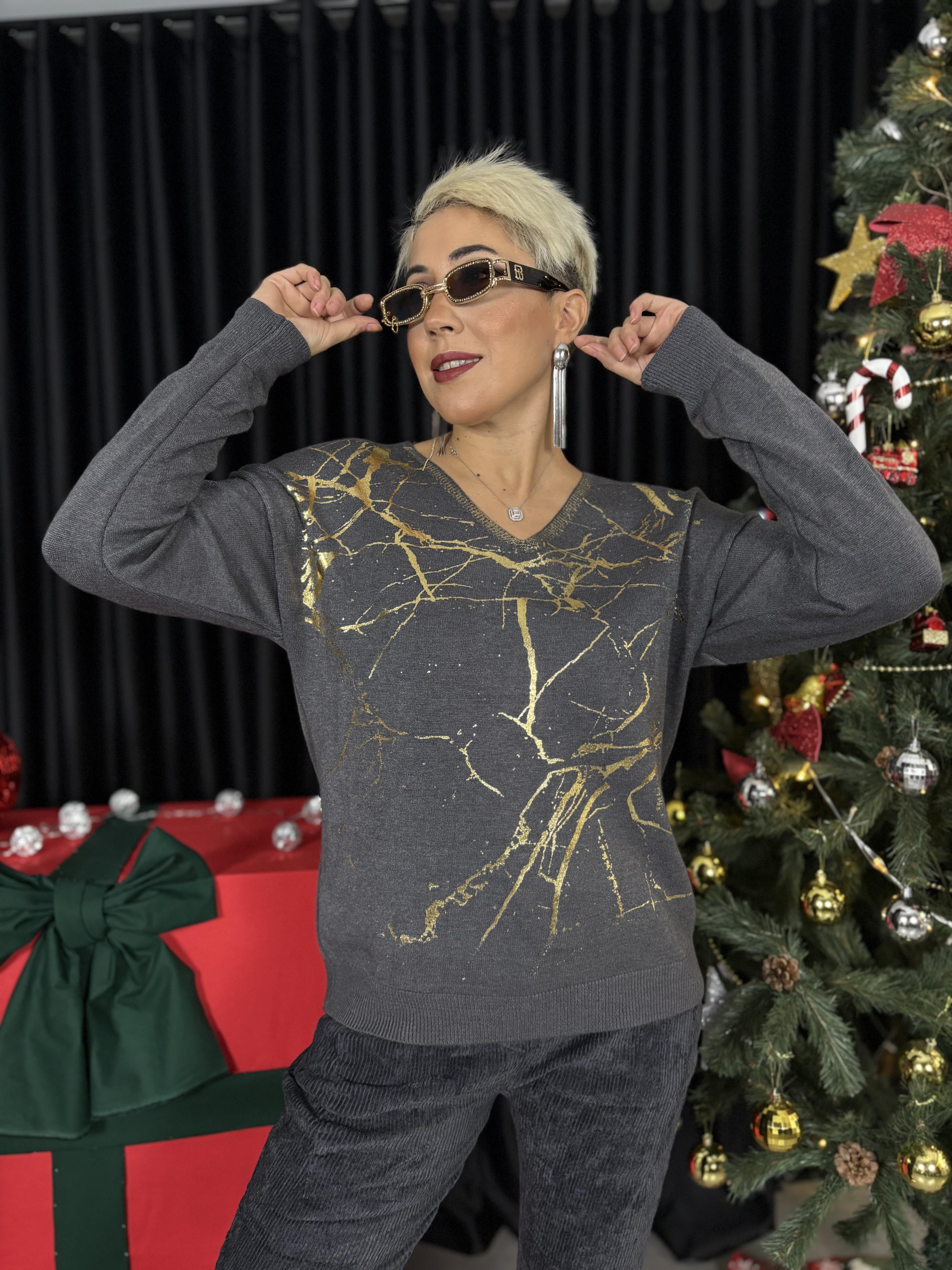 İtalyan Varak Fırça Desenli Antrasit Kazak