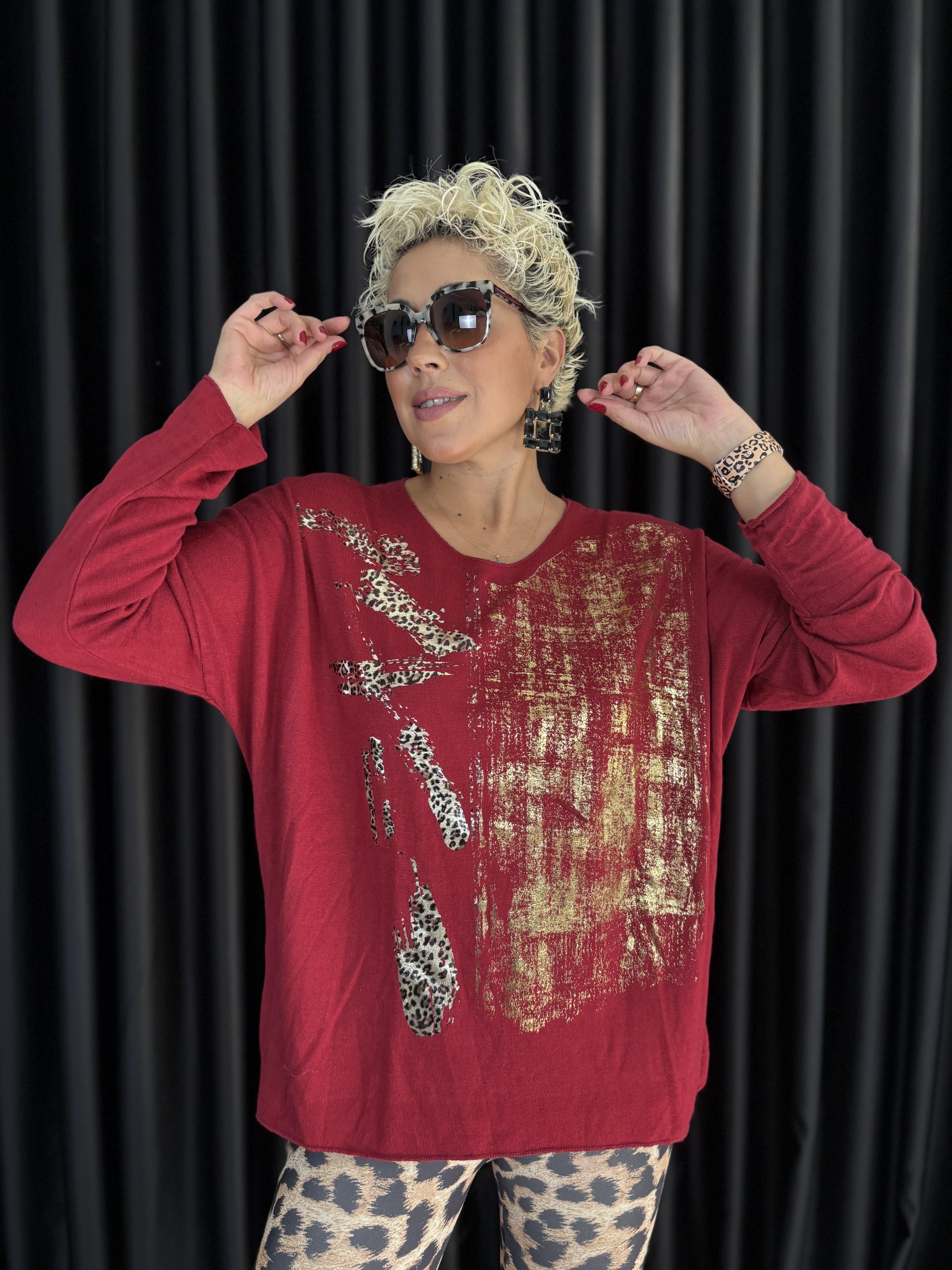 İtalyan Varak ve Leopar Detaylı Angora Bordo Bluz 11