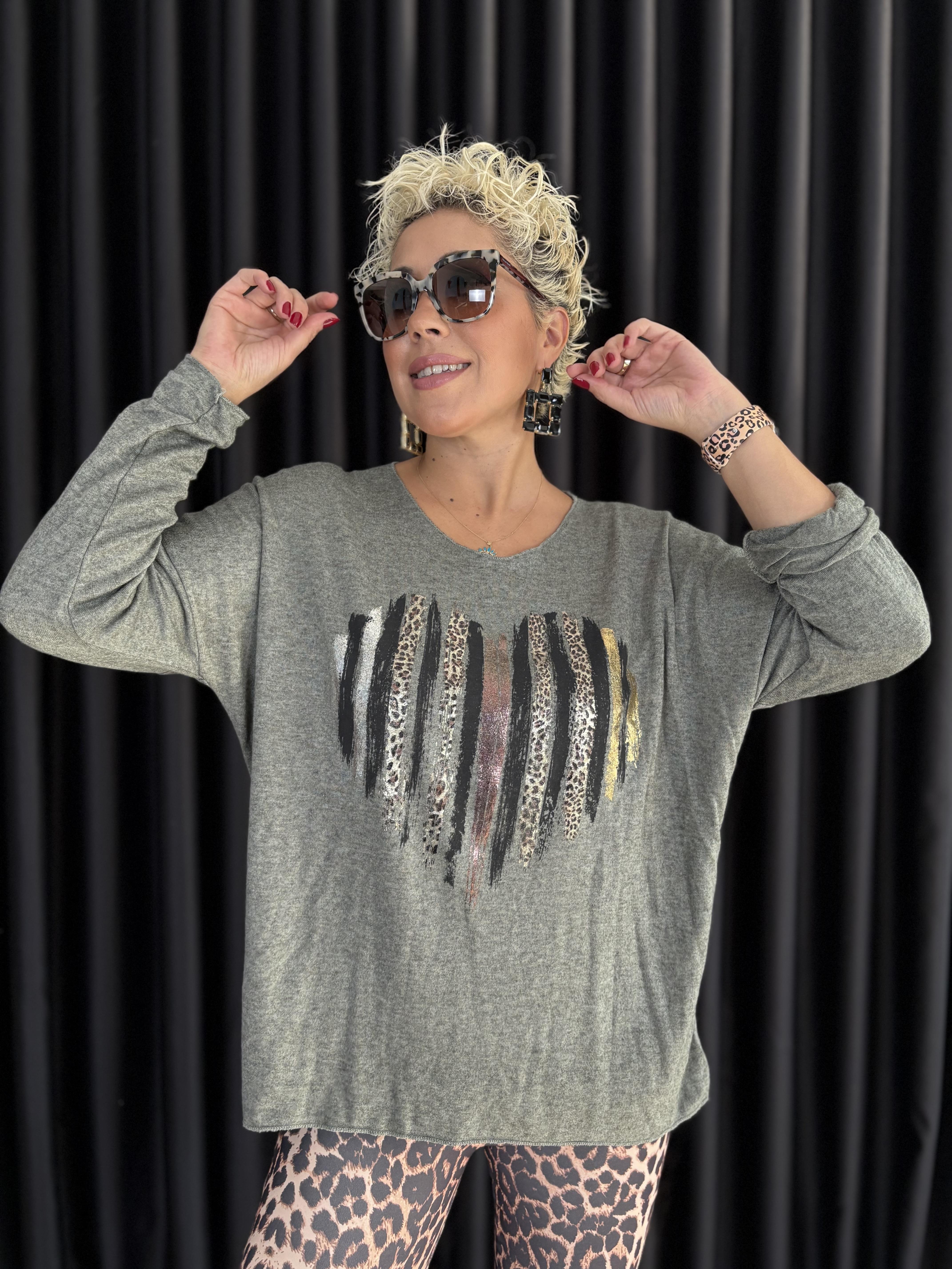 İtalyan Varak ve Leopar Detaylı Angora Haki Bluz 7