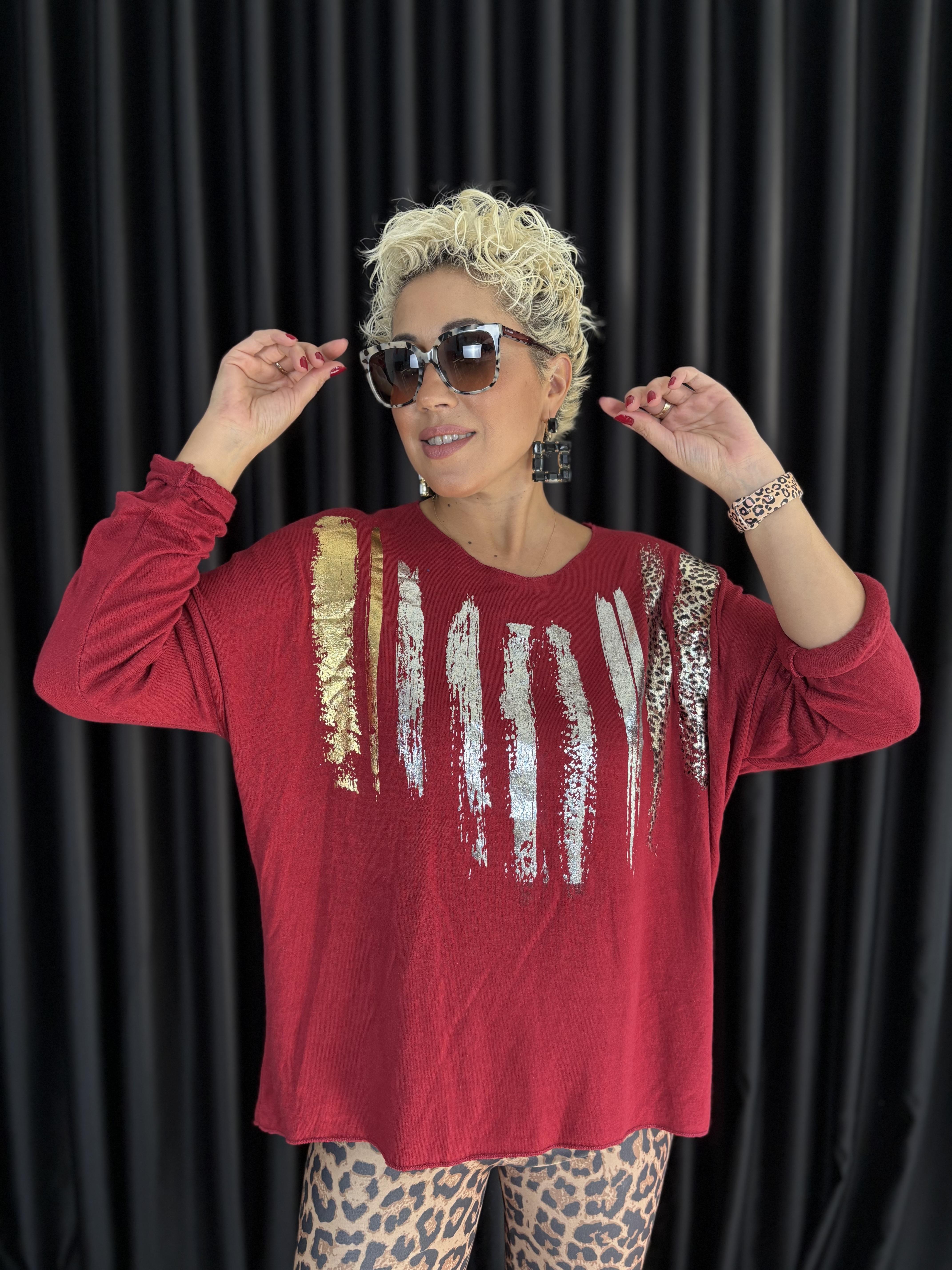 İtalyan Varak ve Leopar Detaylı Angora Bordo Bluz 2