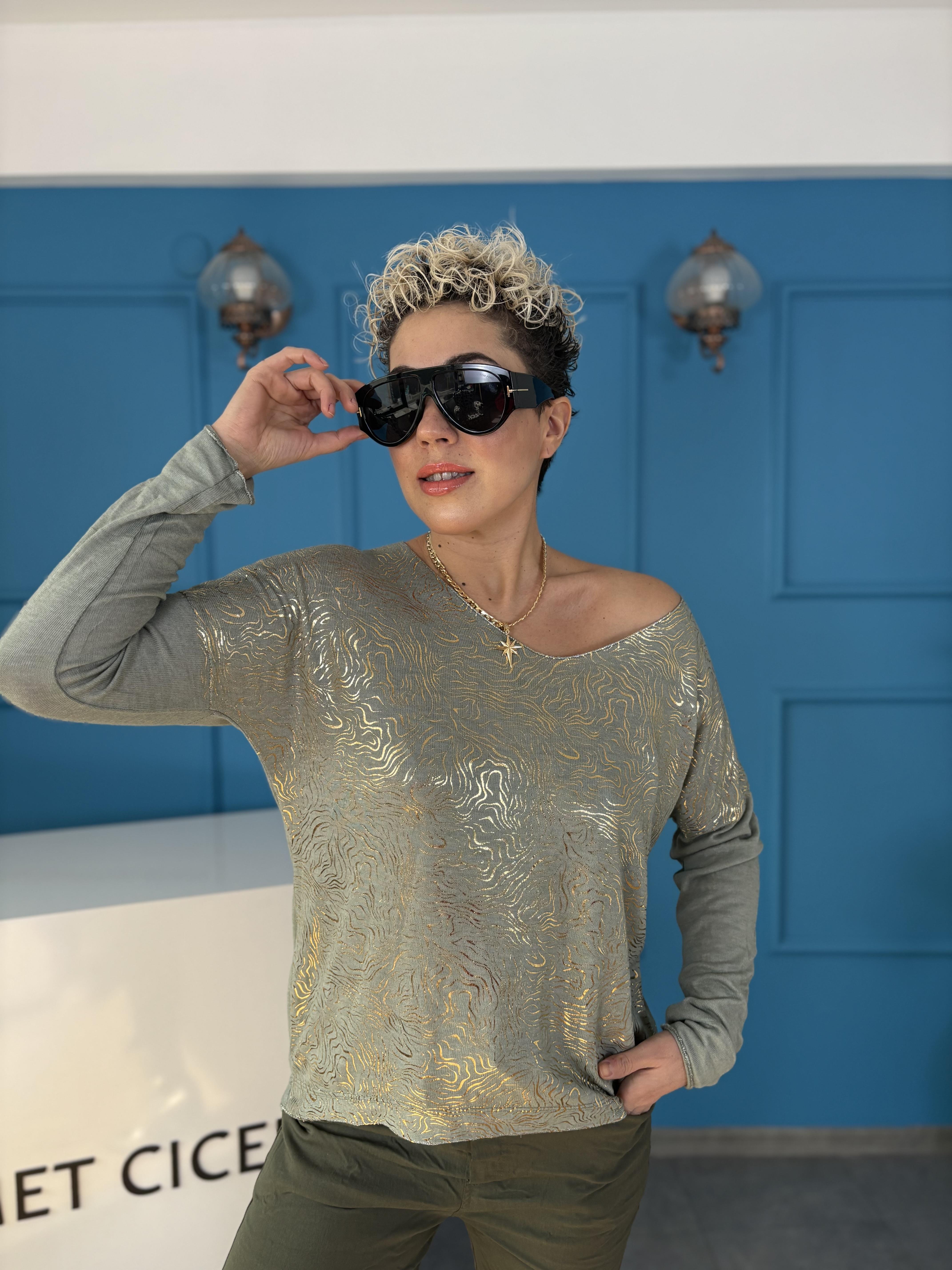 İtalyan Varaklı Haki Bluz