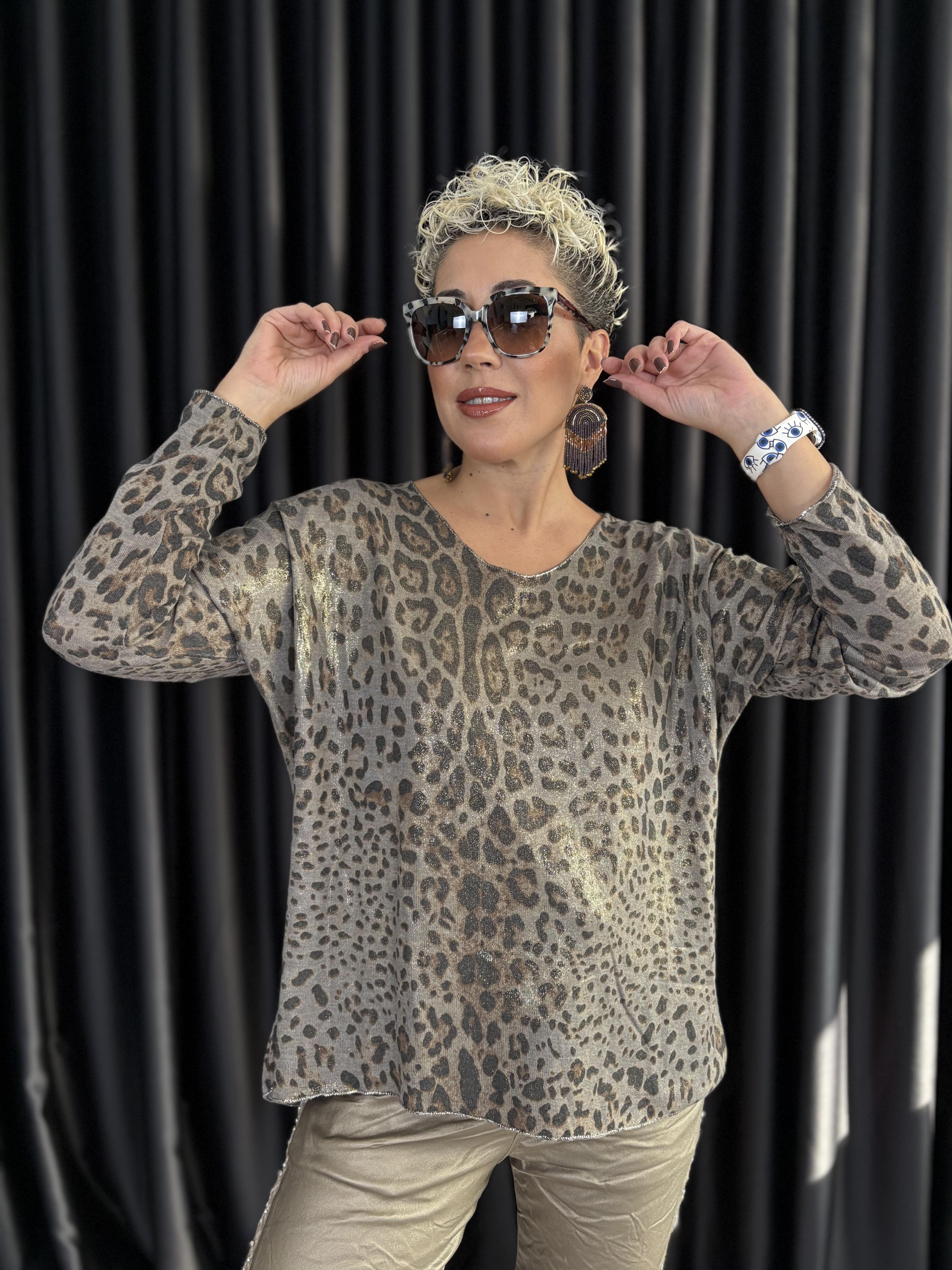 İtalyan Varaklı Haki Leopar Bluz