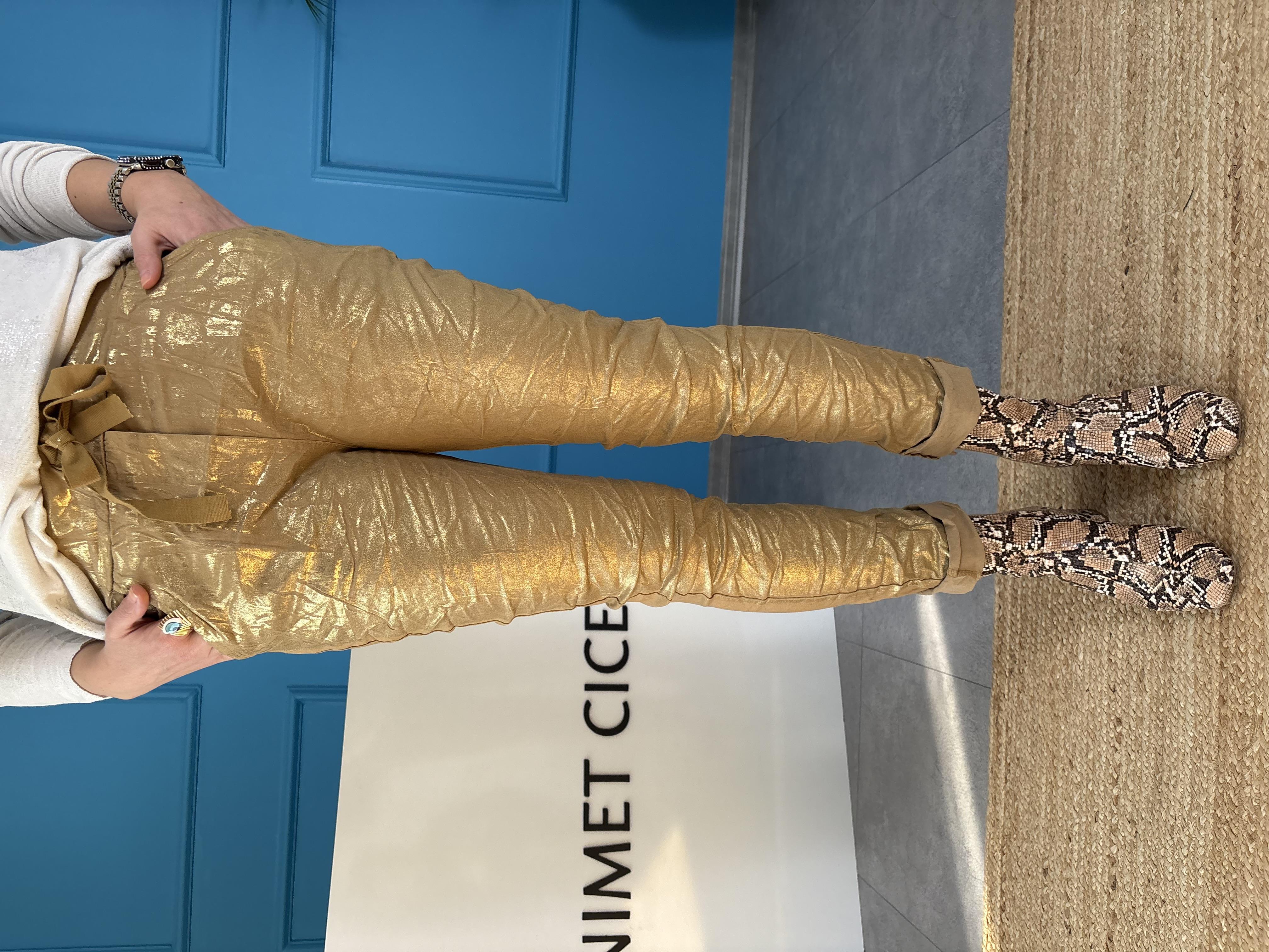İtalyan Varaklı Likralı Gold Pantolon