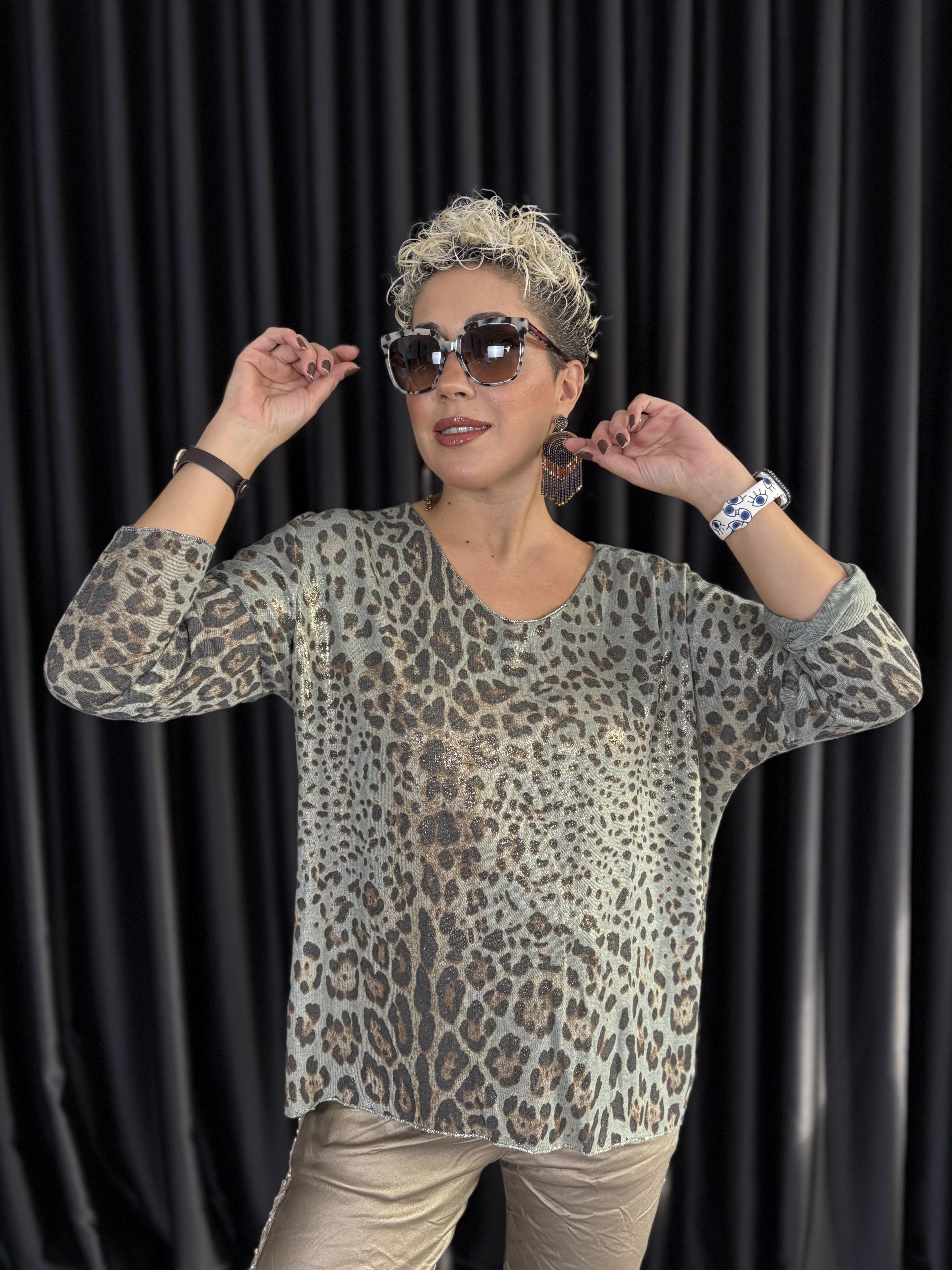 İtalyan Varaklı Yeşil Leopar Bluz