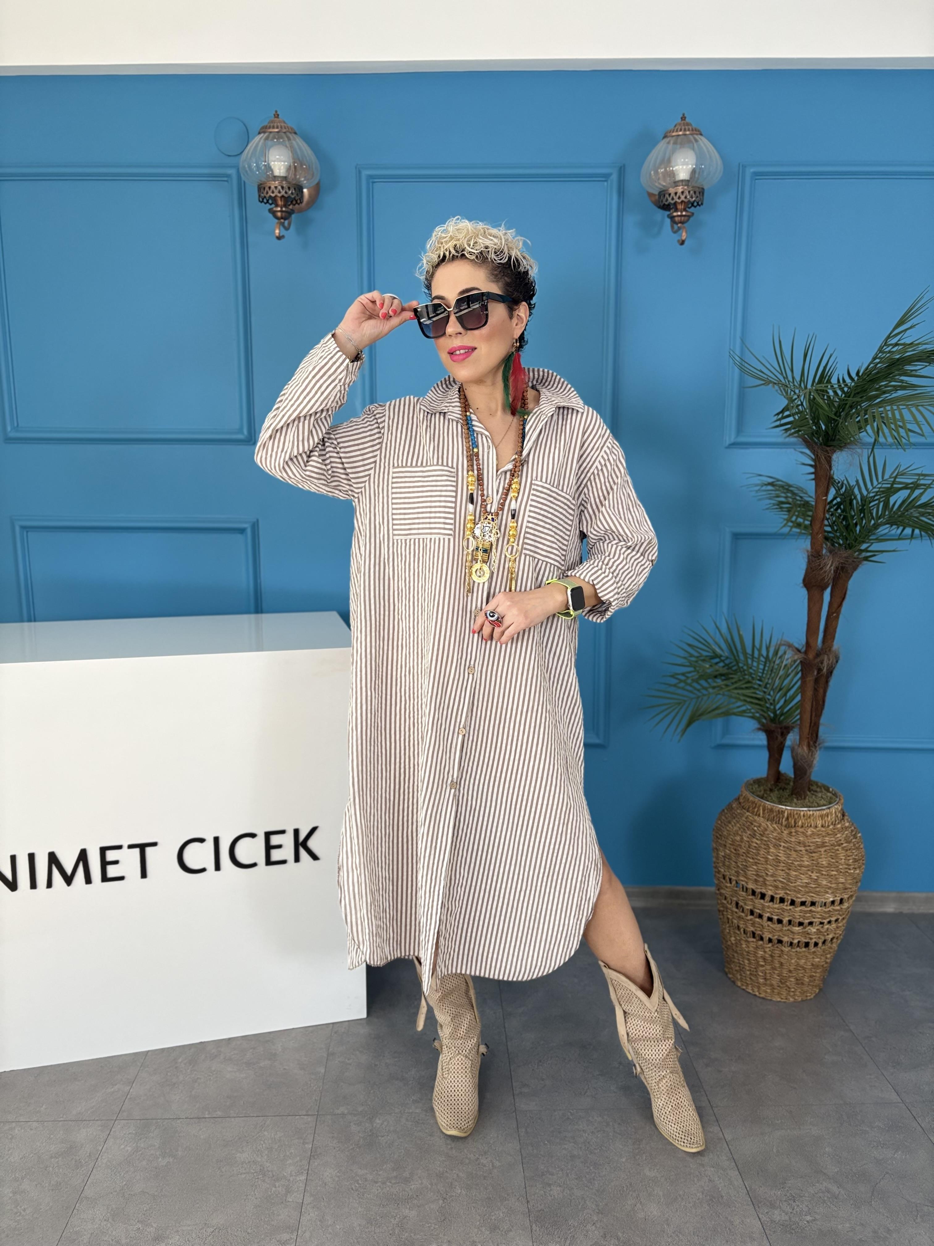 İtalyan Vizon Çizgili Gömlek Elbise