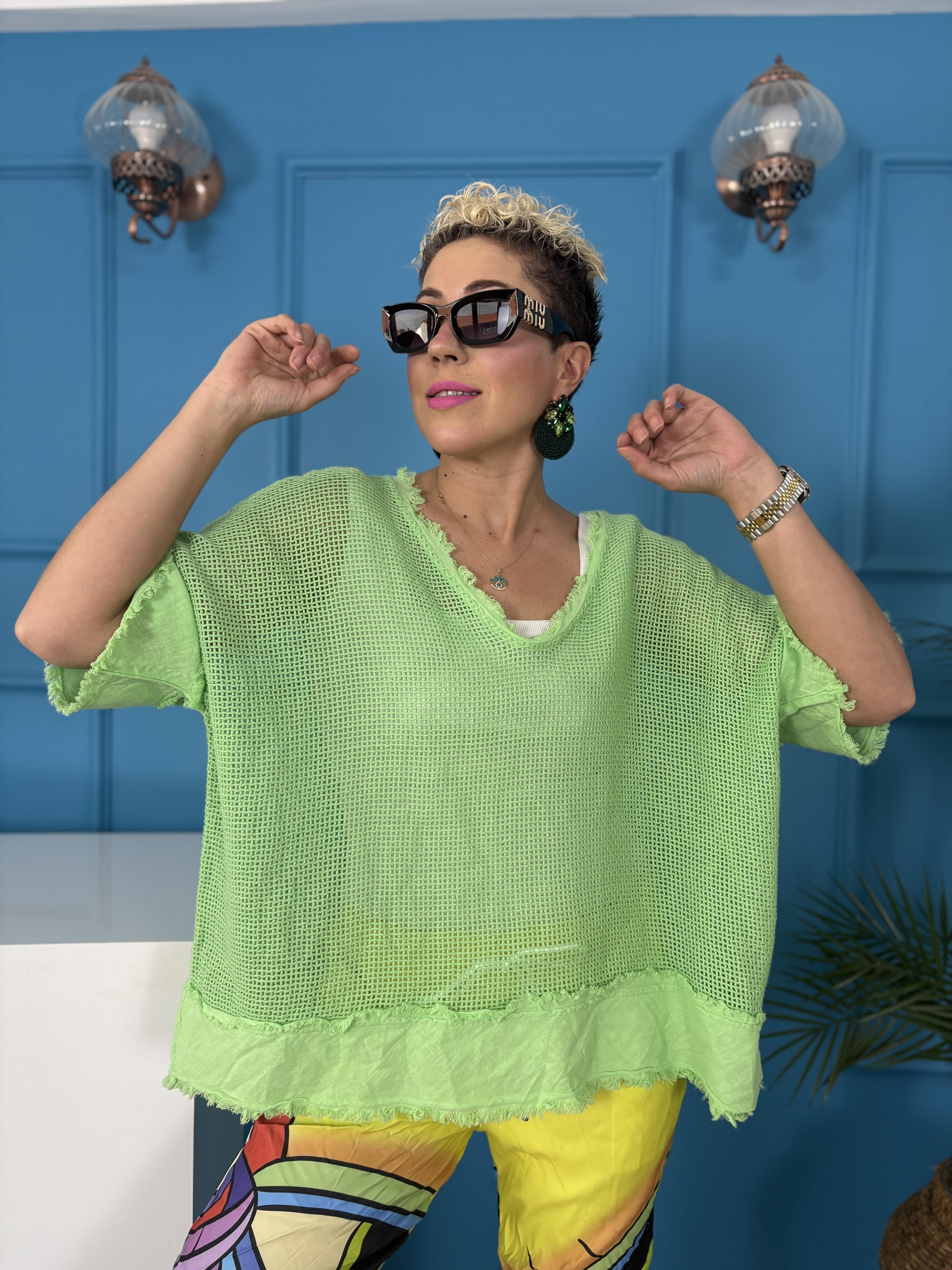 İtalyan Yeşil Keten File Bluz