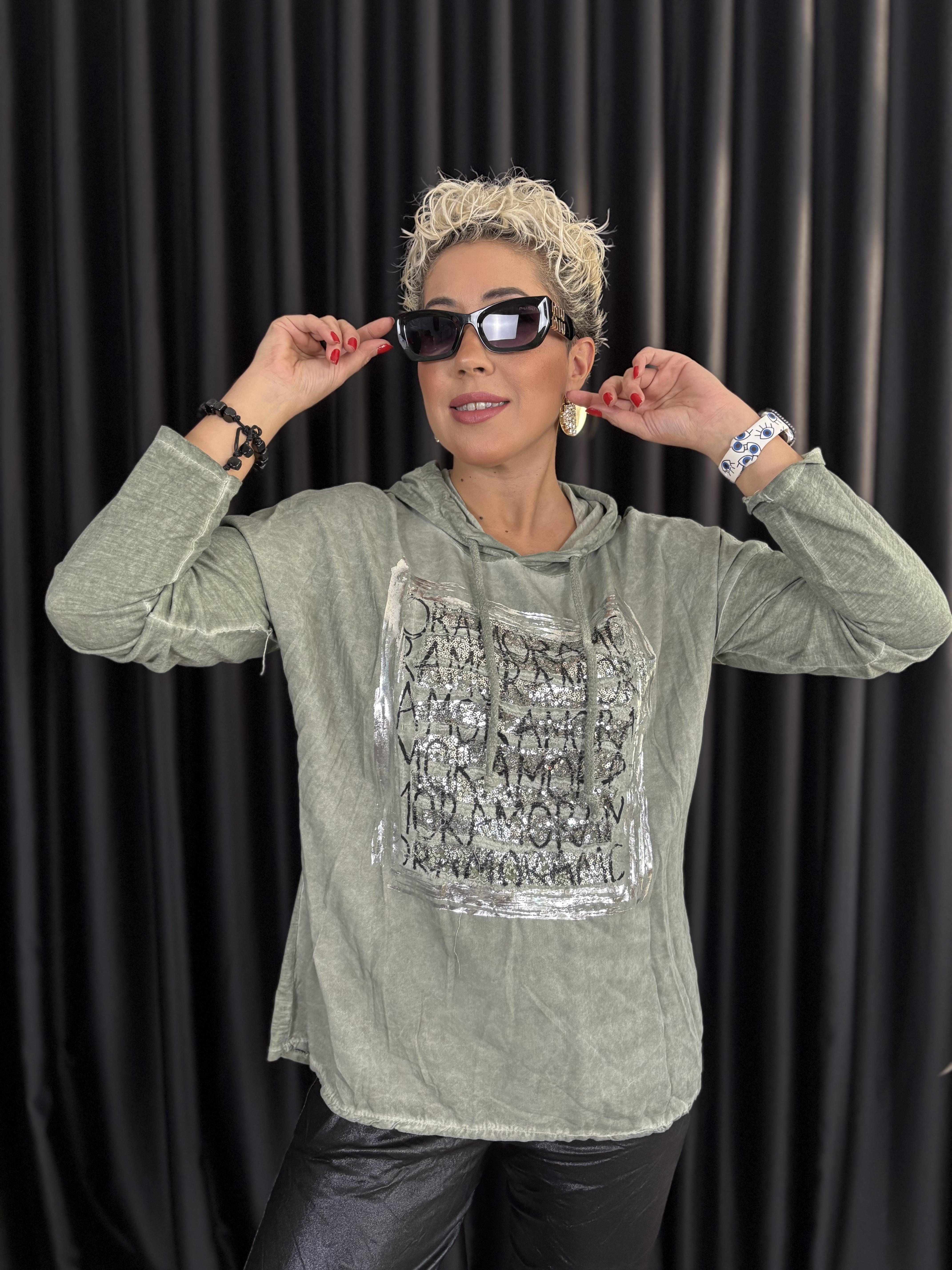 İtalyan Yıkamalı Kumaş Payet ve Varak Detaylı Haki Sweet