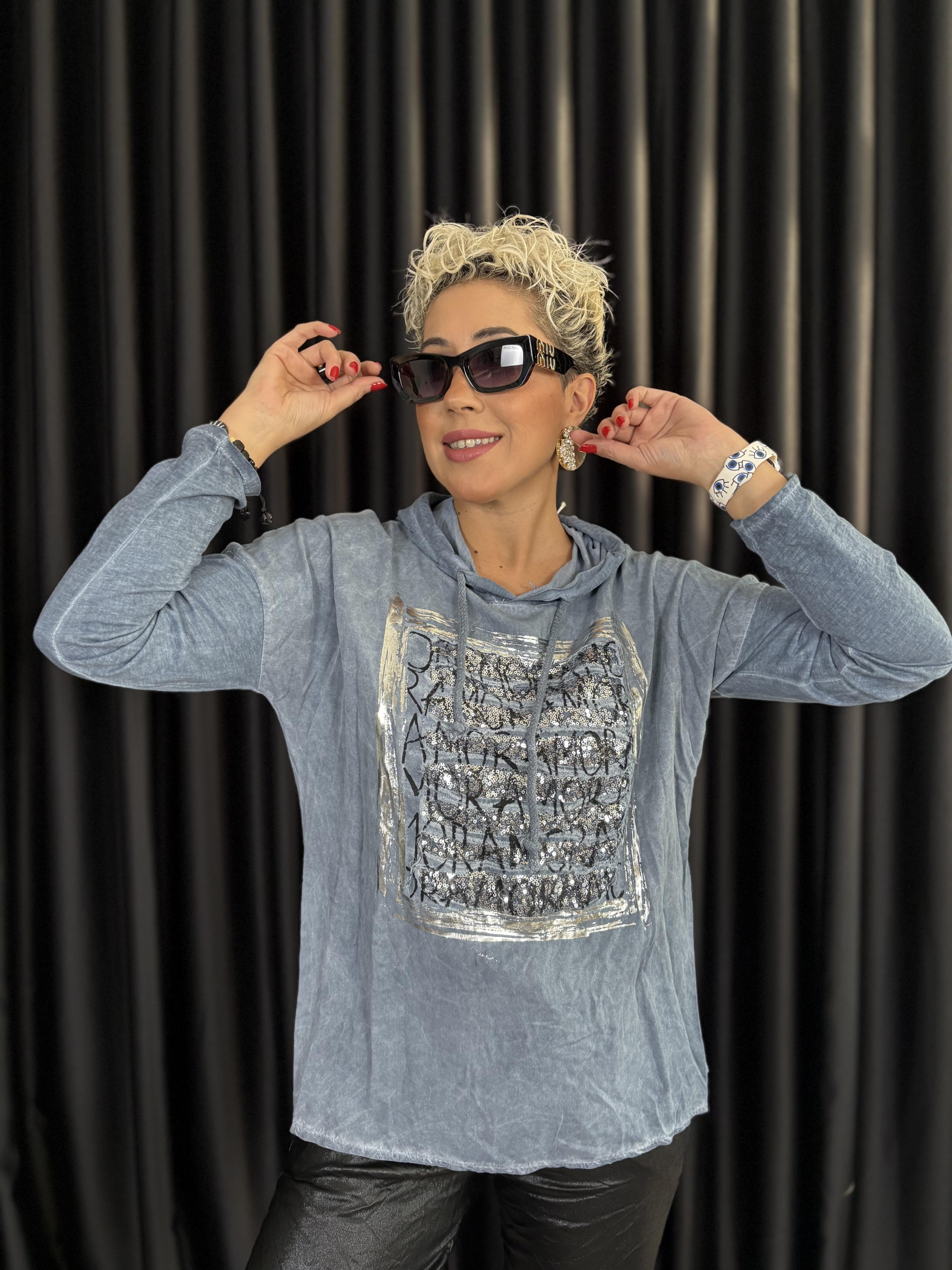 İtalyan Yıkamalı Kumaş Payet ve Varak Detaylı Mavi Sweet