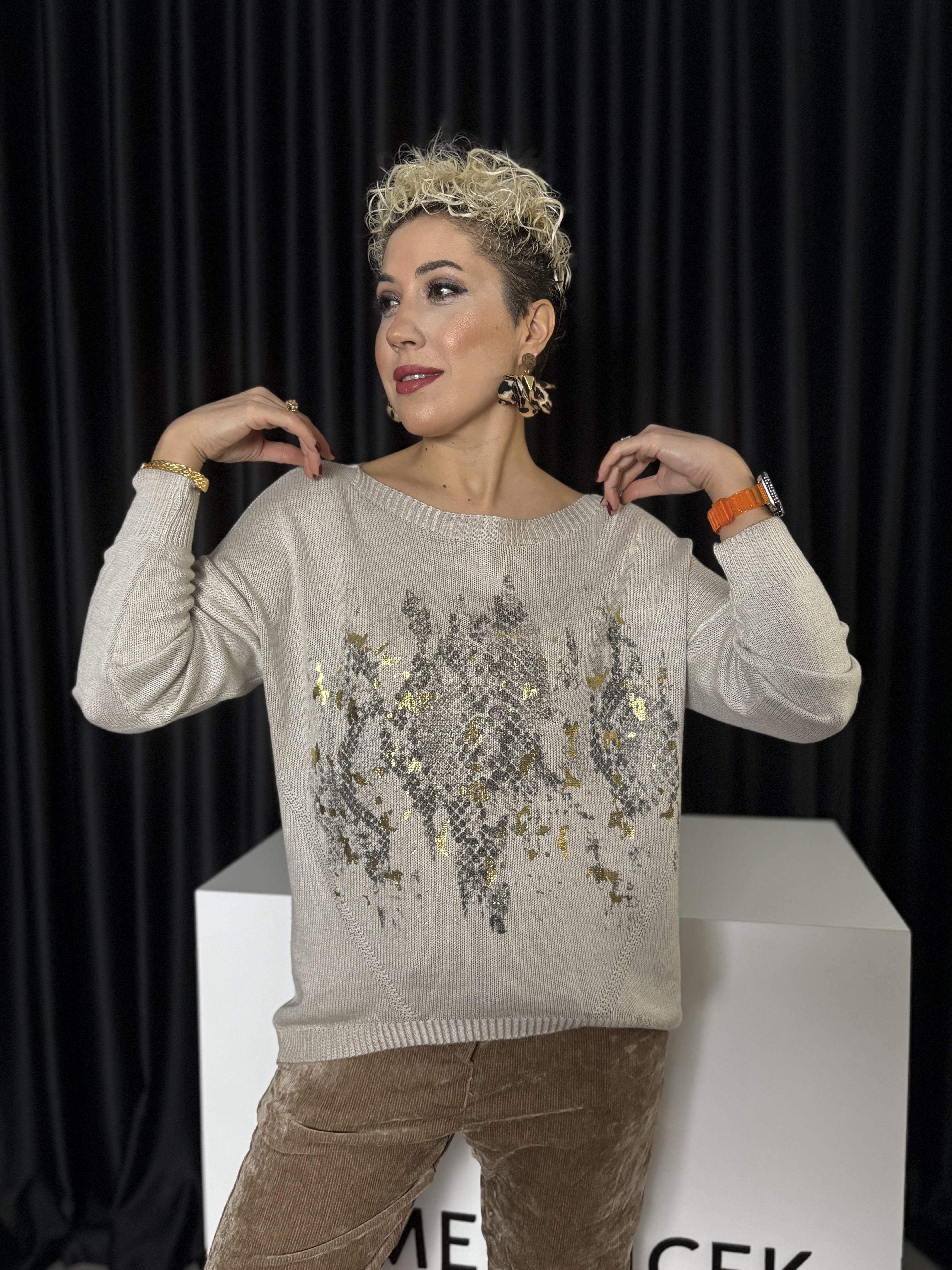 İtalyan Yılan Derisi Desenli Varaklı Bej Triko