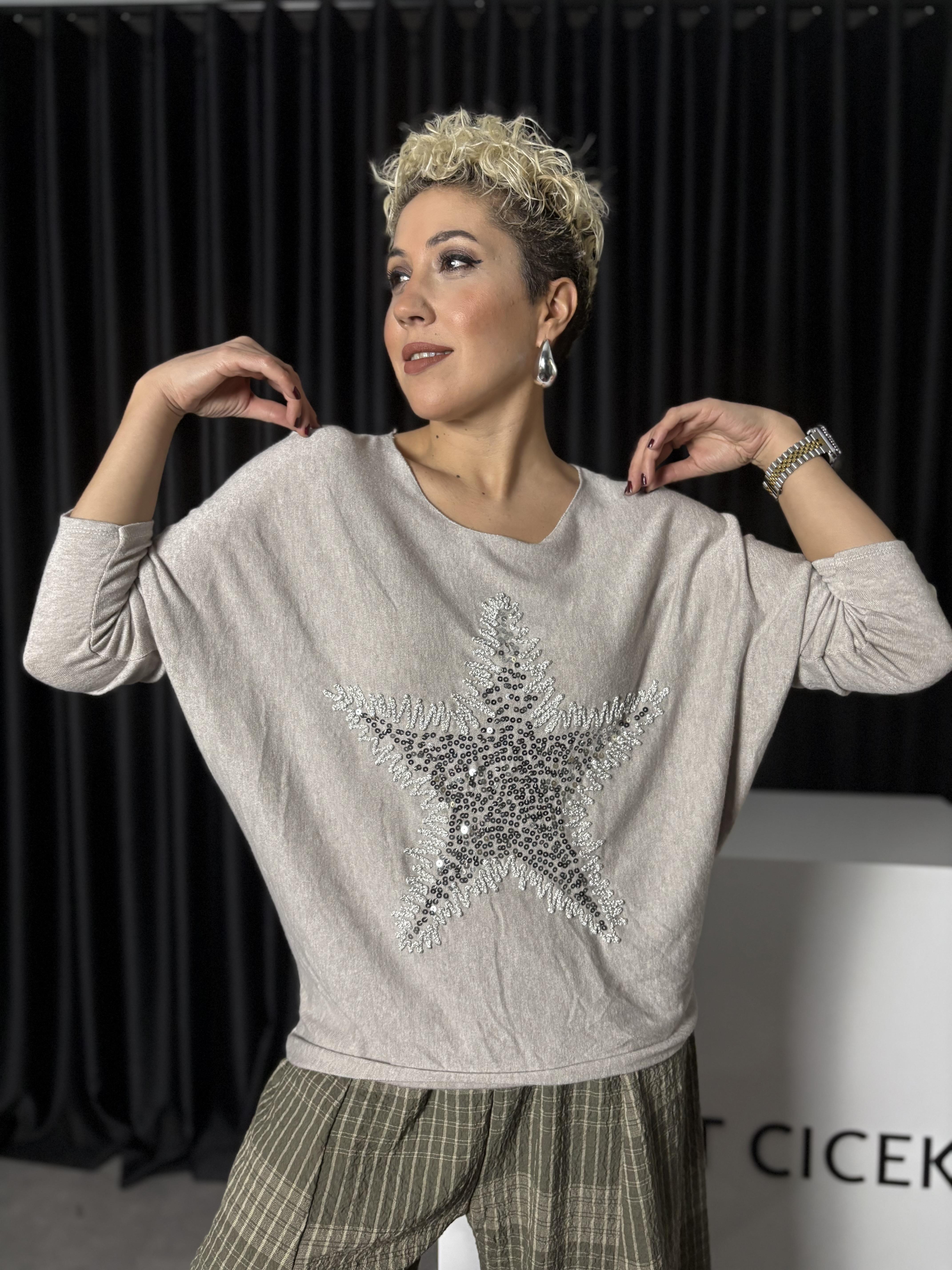 İtalyan Yıldız Payet Detaylı Mavi Bluz