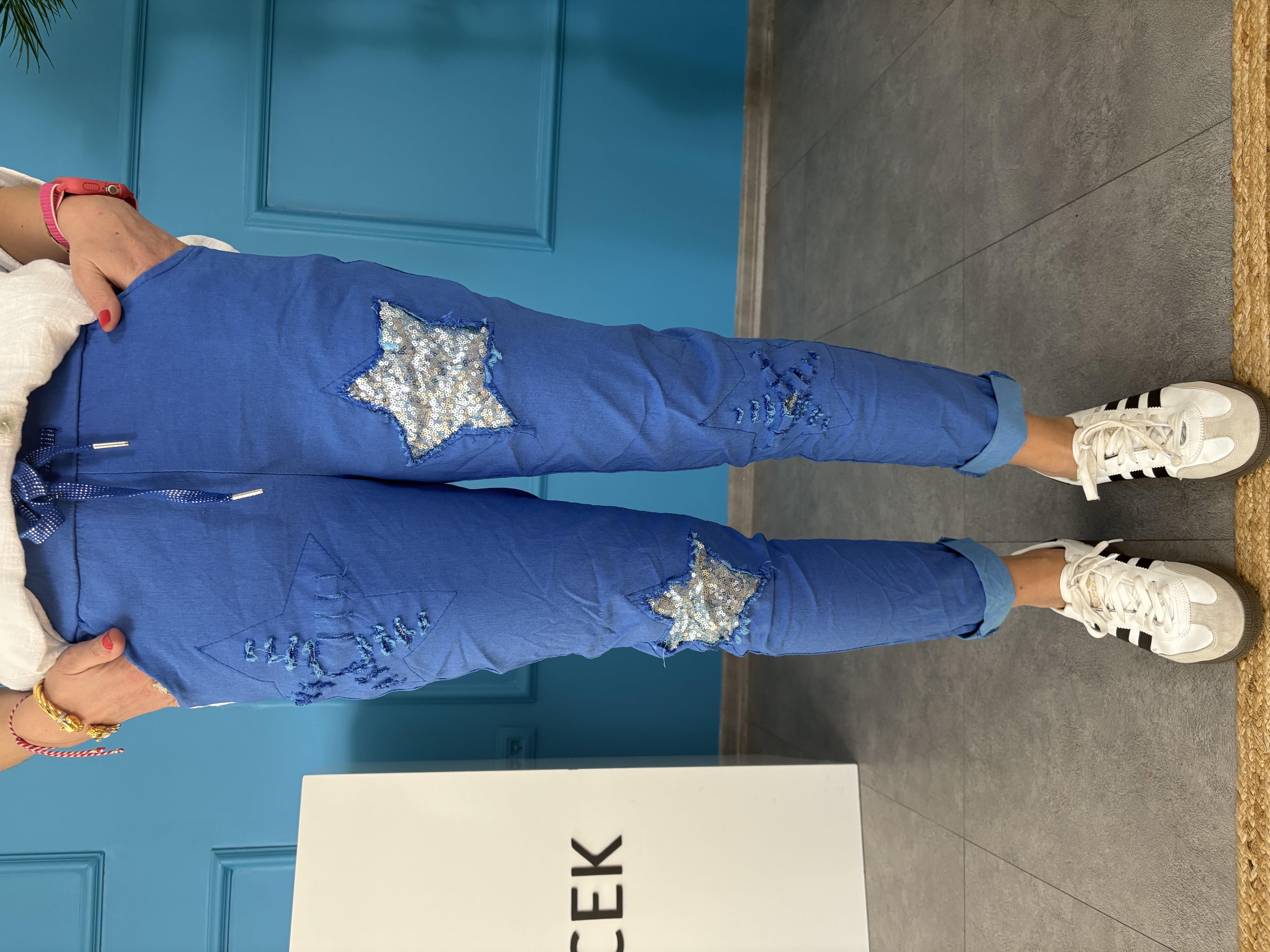 İtalyan Yıldız Payet İşlemeli Likralı Sax Mavi Pantolon