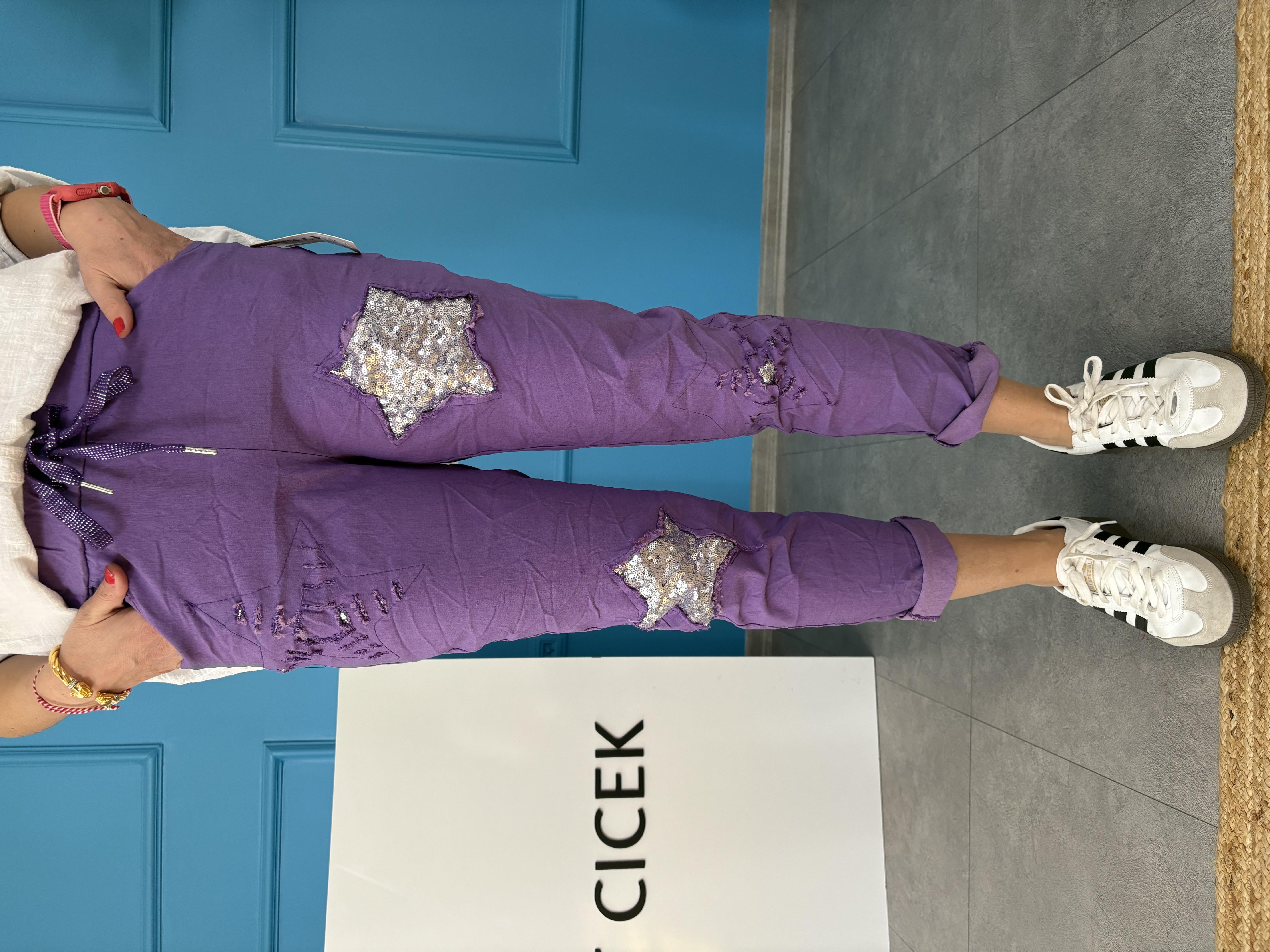 İtalyan Yıldız Payet İşlemeli Likralı Mor Pantolon