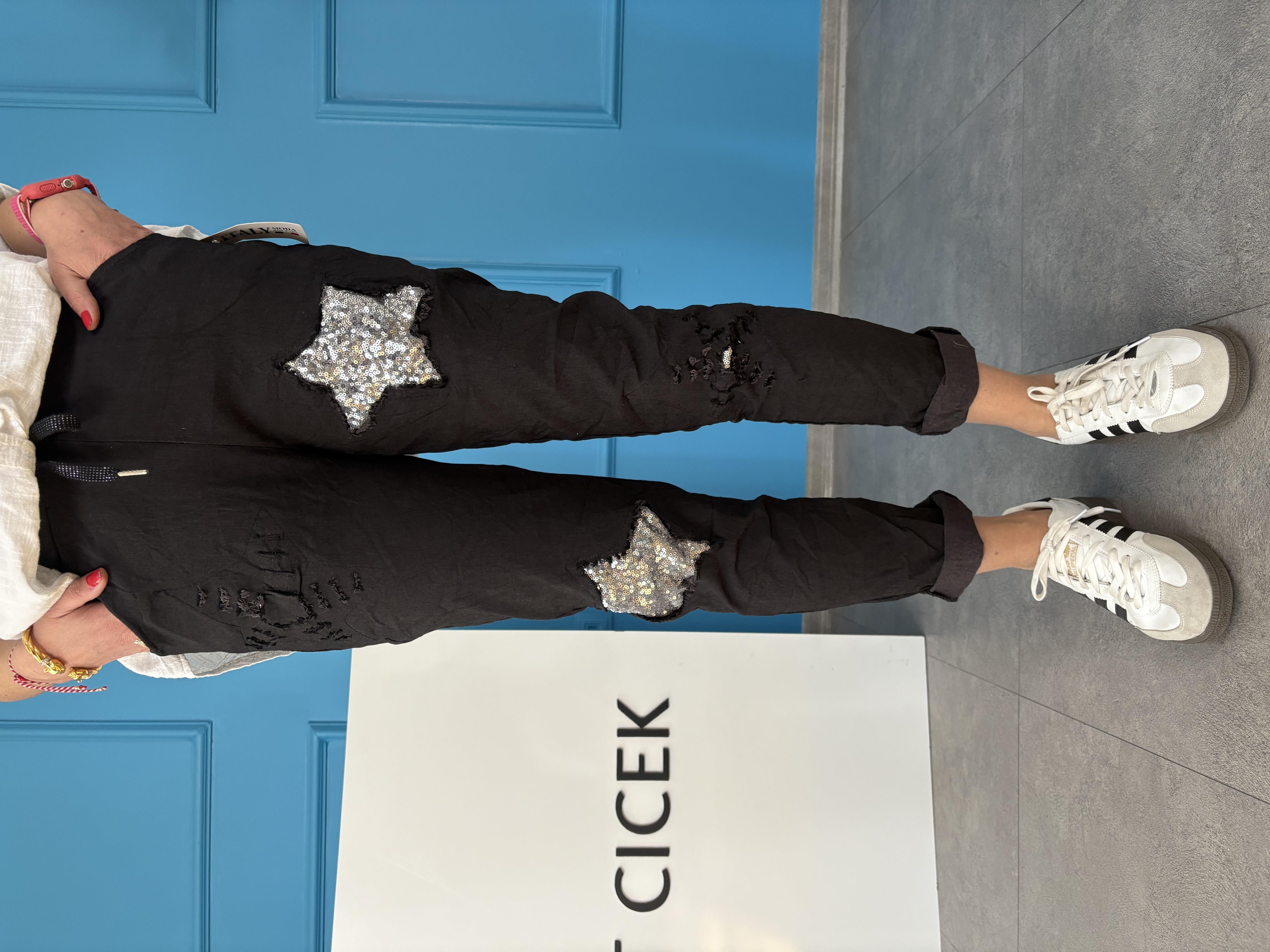 İtalyan Yıldız Payet İşlemeli Likralı Siyah Pantolon