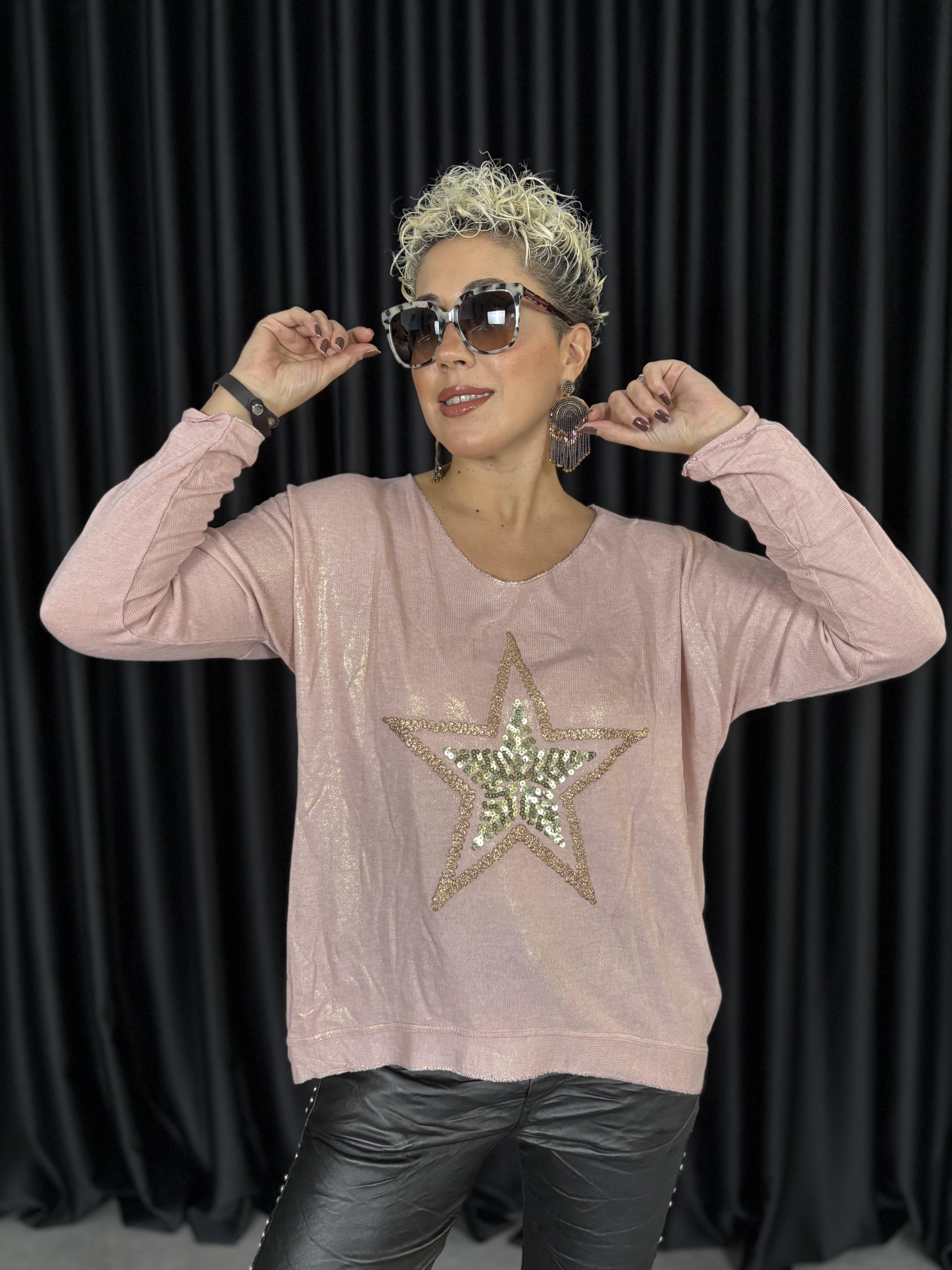 İtalyan Yıldız Payet İşlemeli Varaklı Pembe Bluz