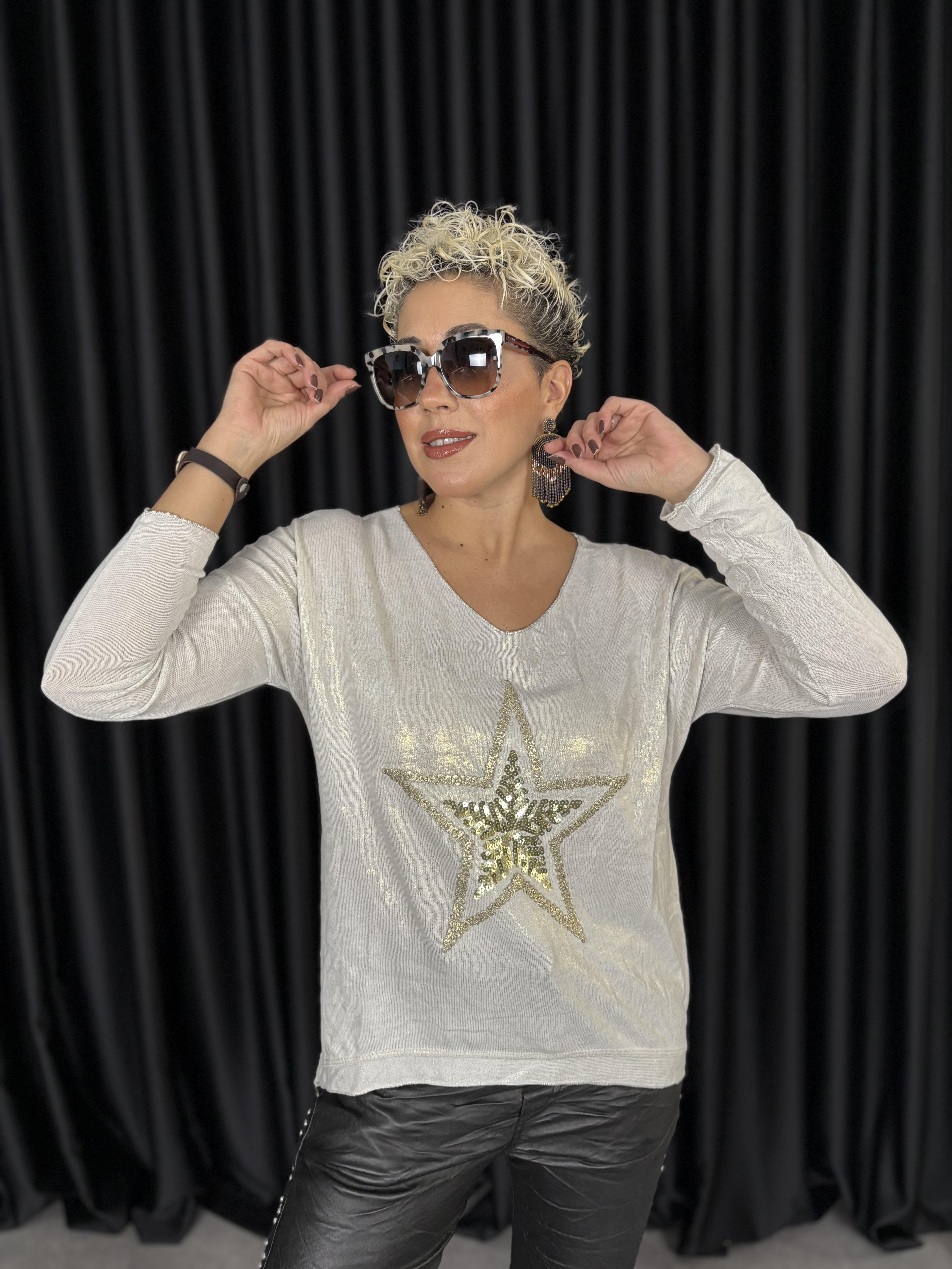 İtalyan Yıldız Payet İşlemeli Varaklı Ekru Bluz