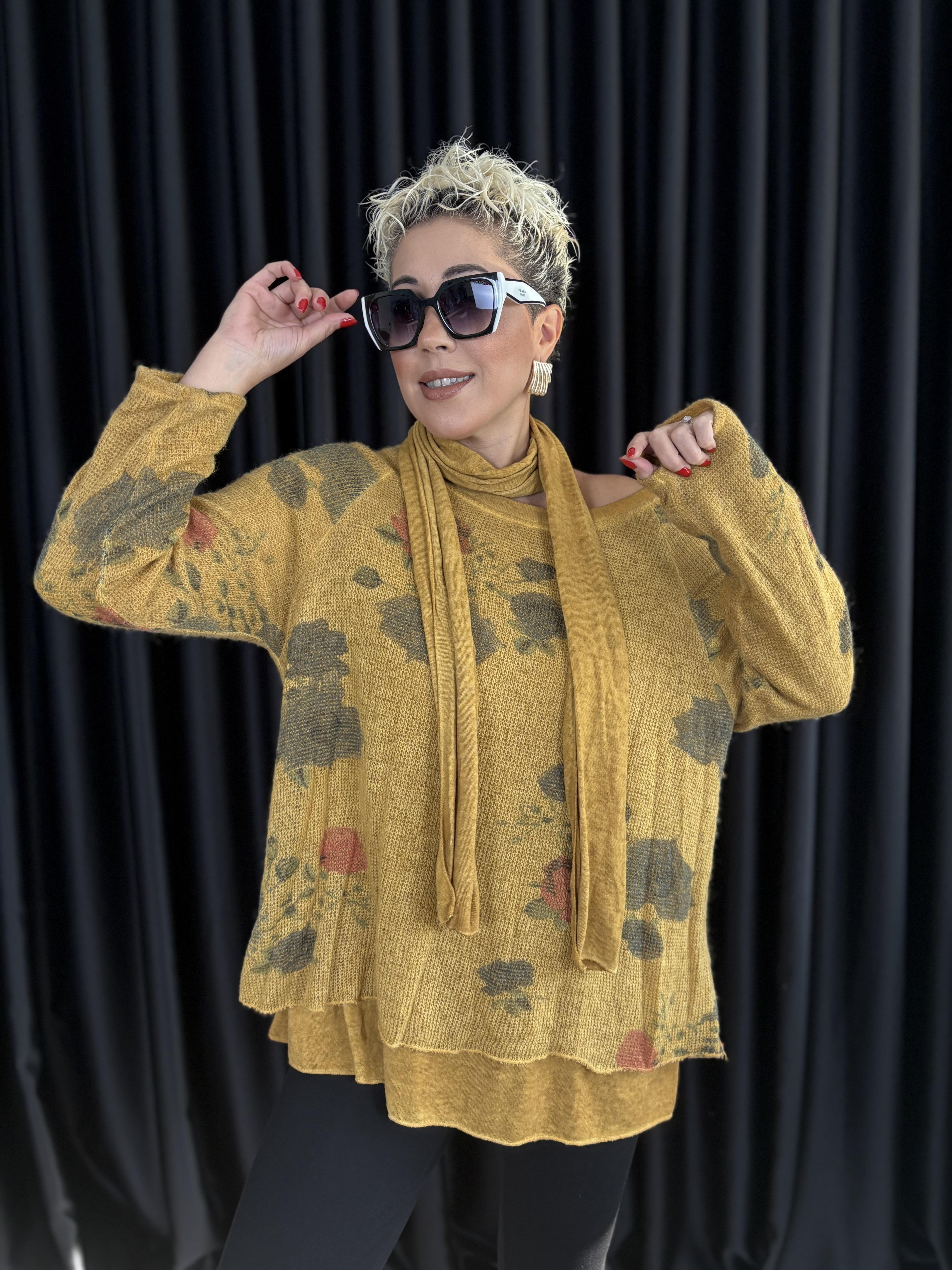 İtalyan Yün Şallı İkili Hardal Triko