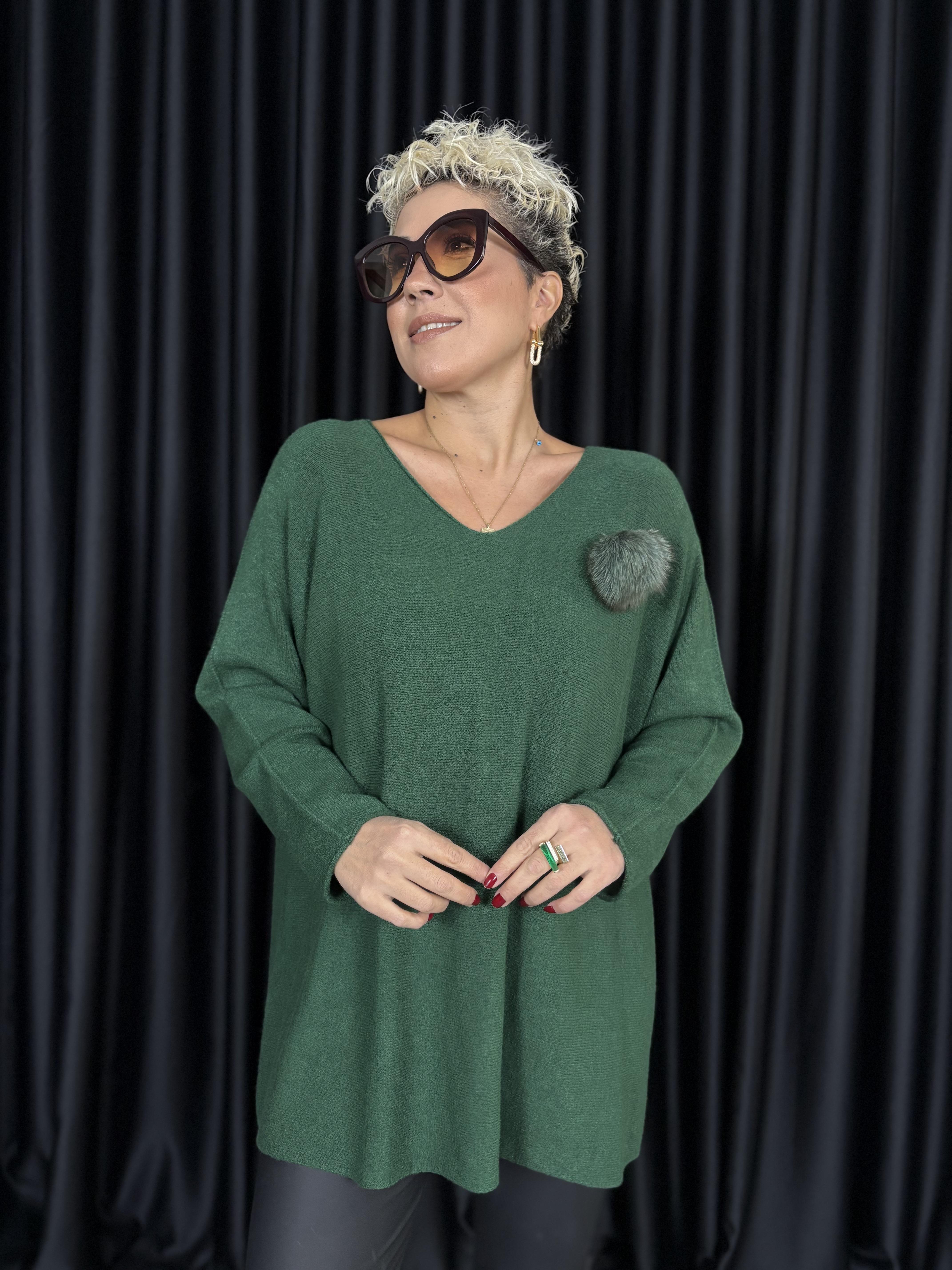 İthal Angora Broşlu Yeşil Triko