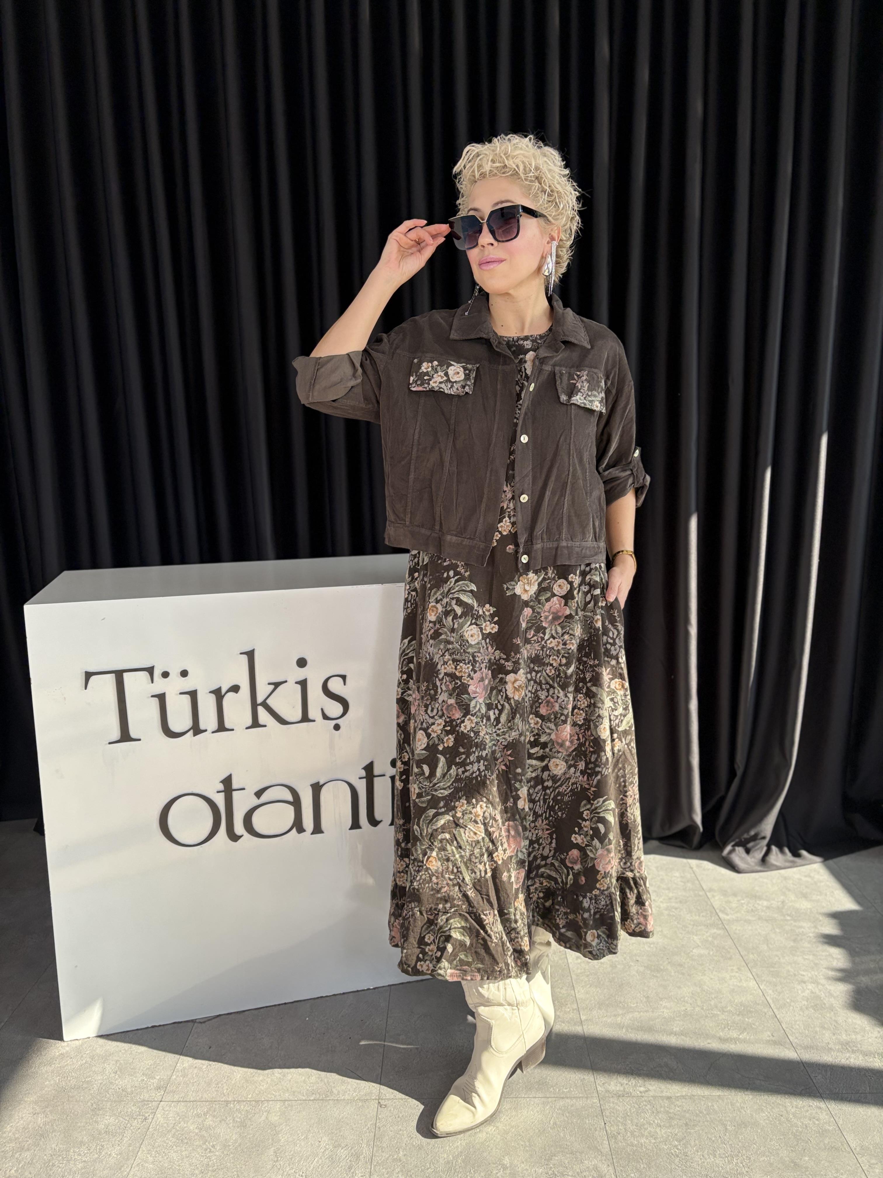 İthal Ceketli Acı Kahve Kadife Elbise