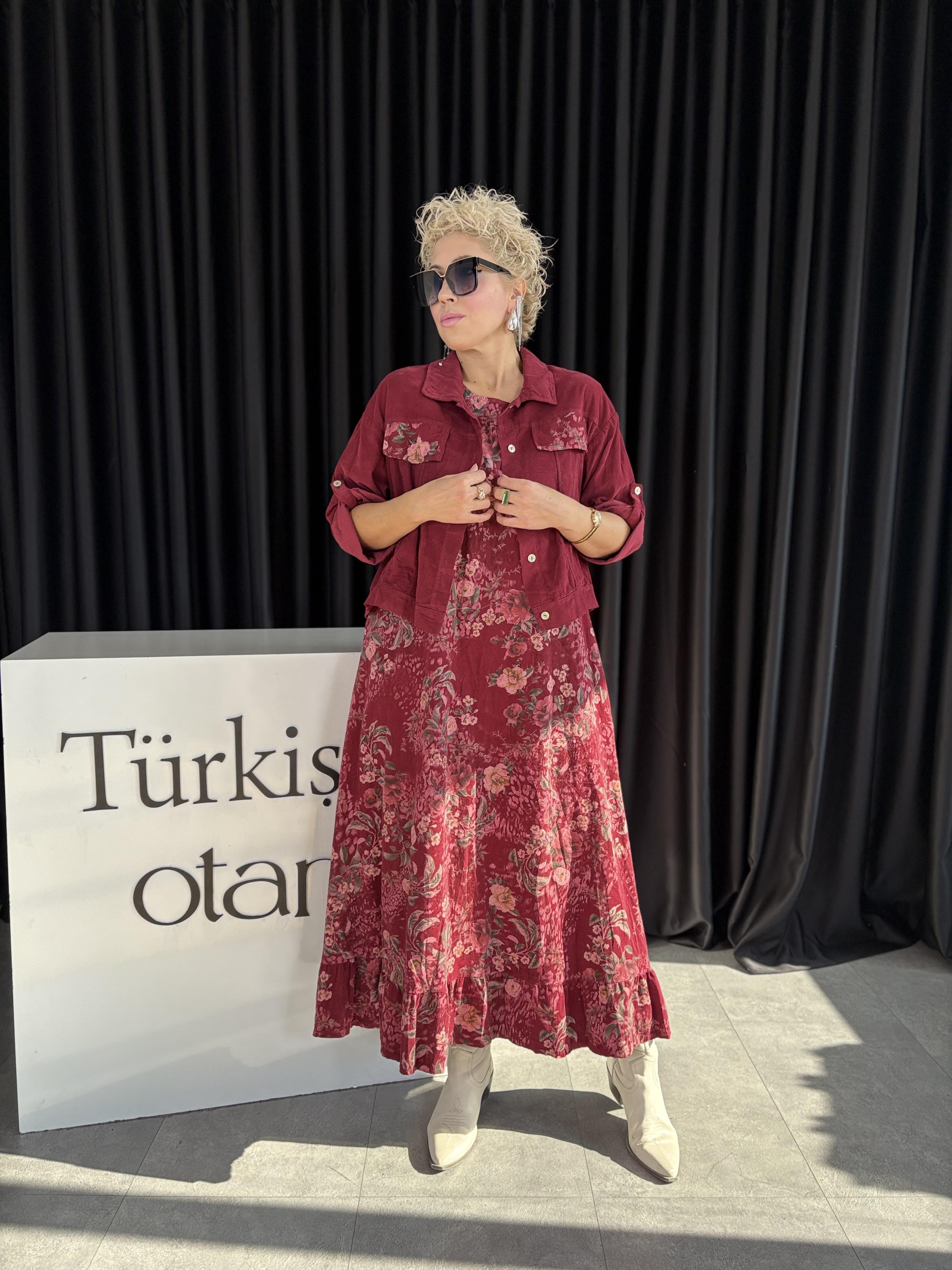 İthal Ceketli Bordo Kadife Elbise