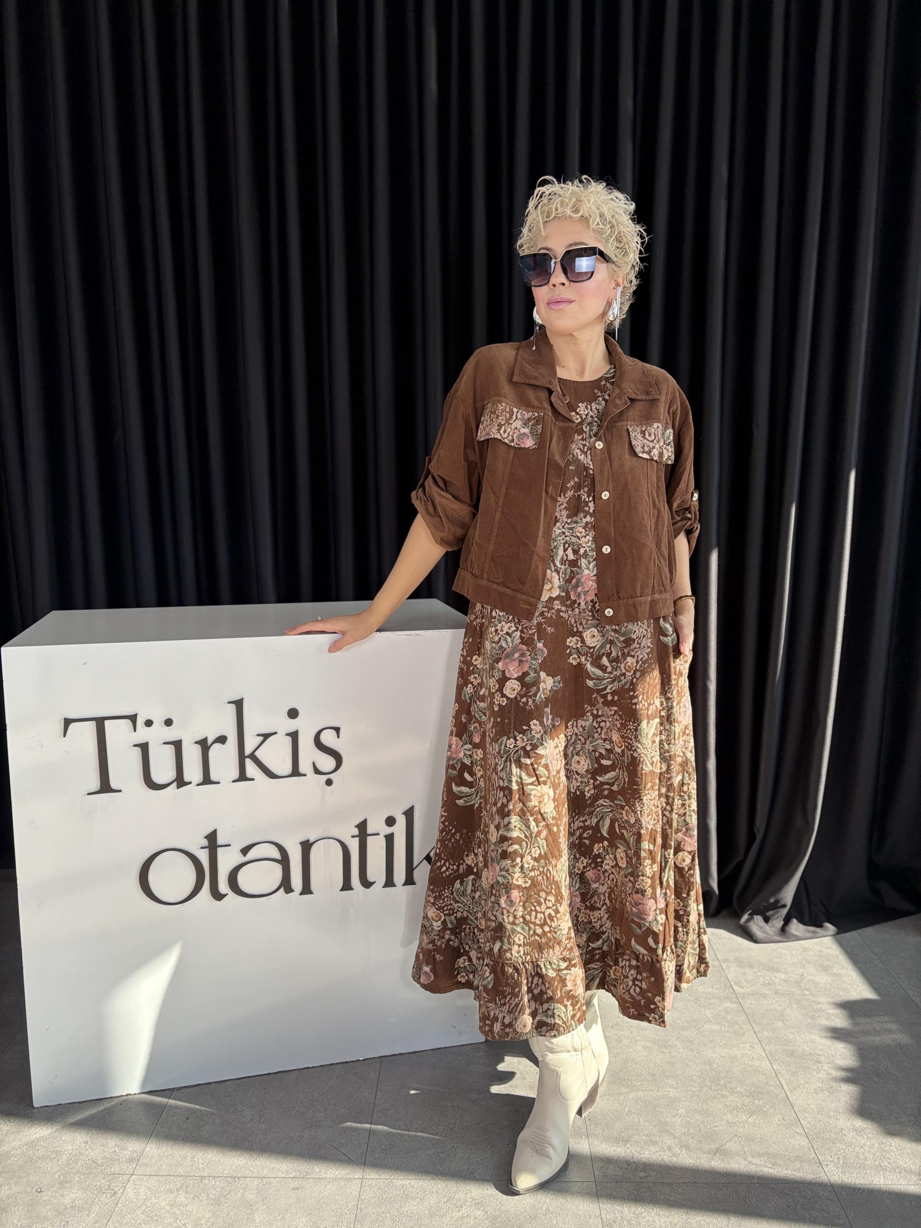 İthal Ceketli Kahve Kadife Elbise