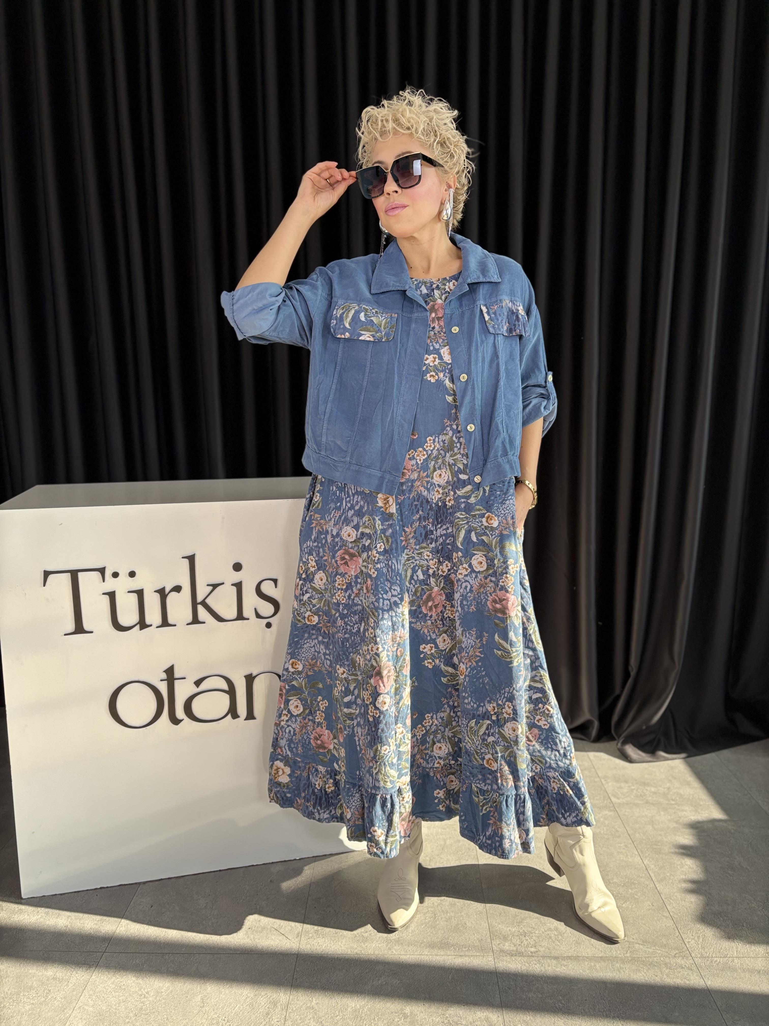 İthal Ceketli Mavi Kadife Elbise