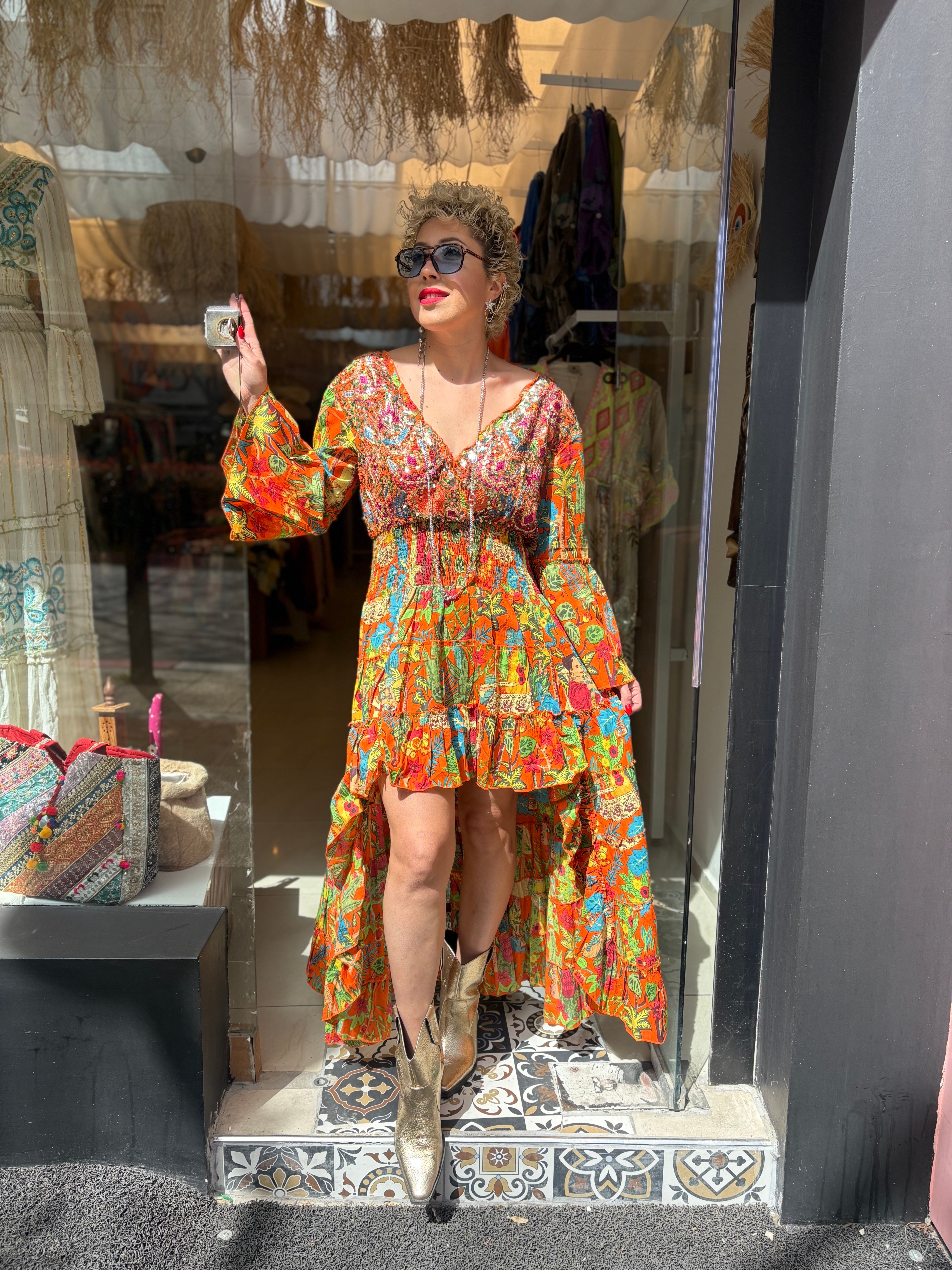 İthal Frida Detaylı İşlemeli İspanyol Elbise