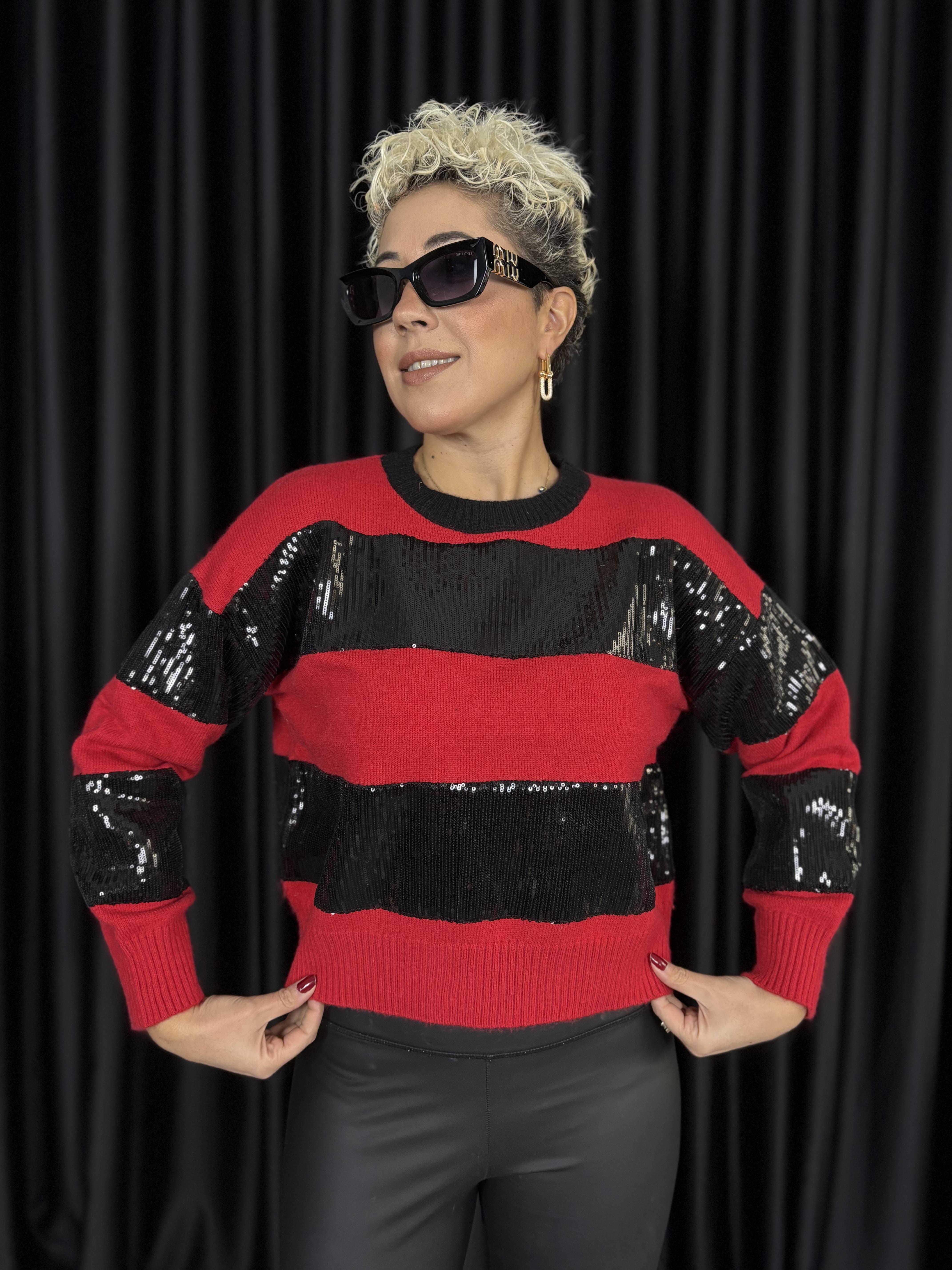 İthal Kalın Çizgili Payetli Kırmızı Kazak