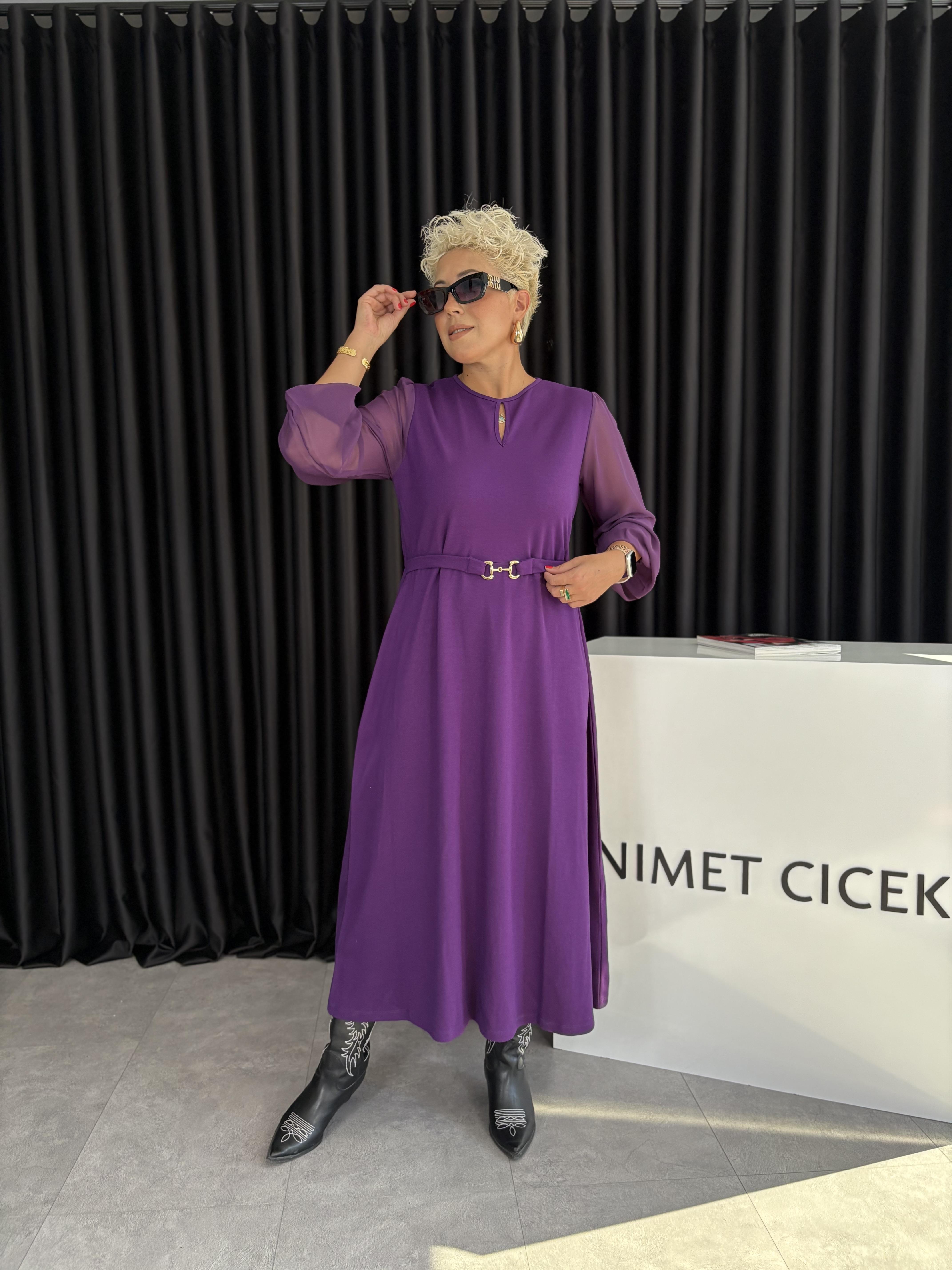 İthal Kolları Şifon Mor Elbise