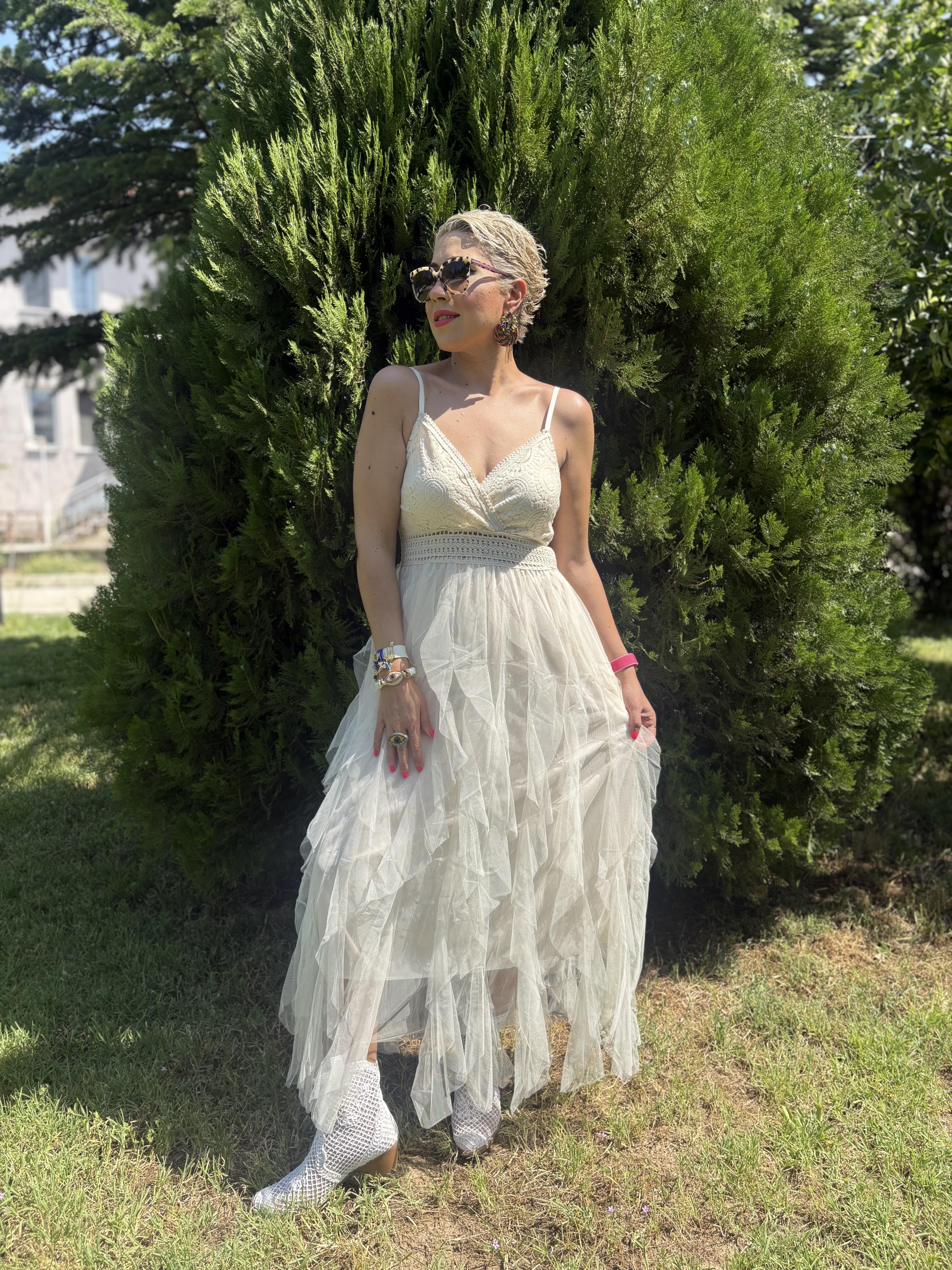 İthal Krem Samos Elbise